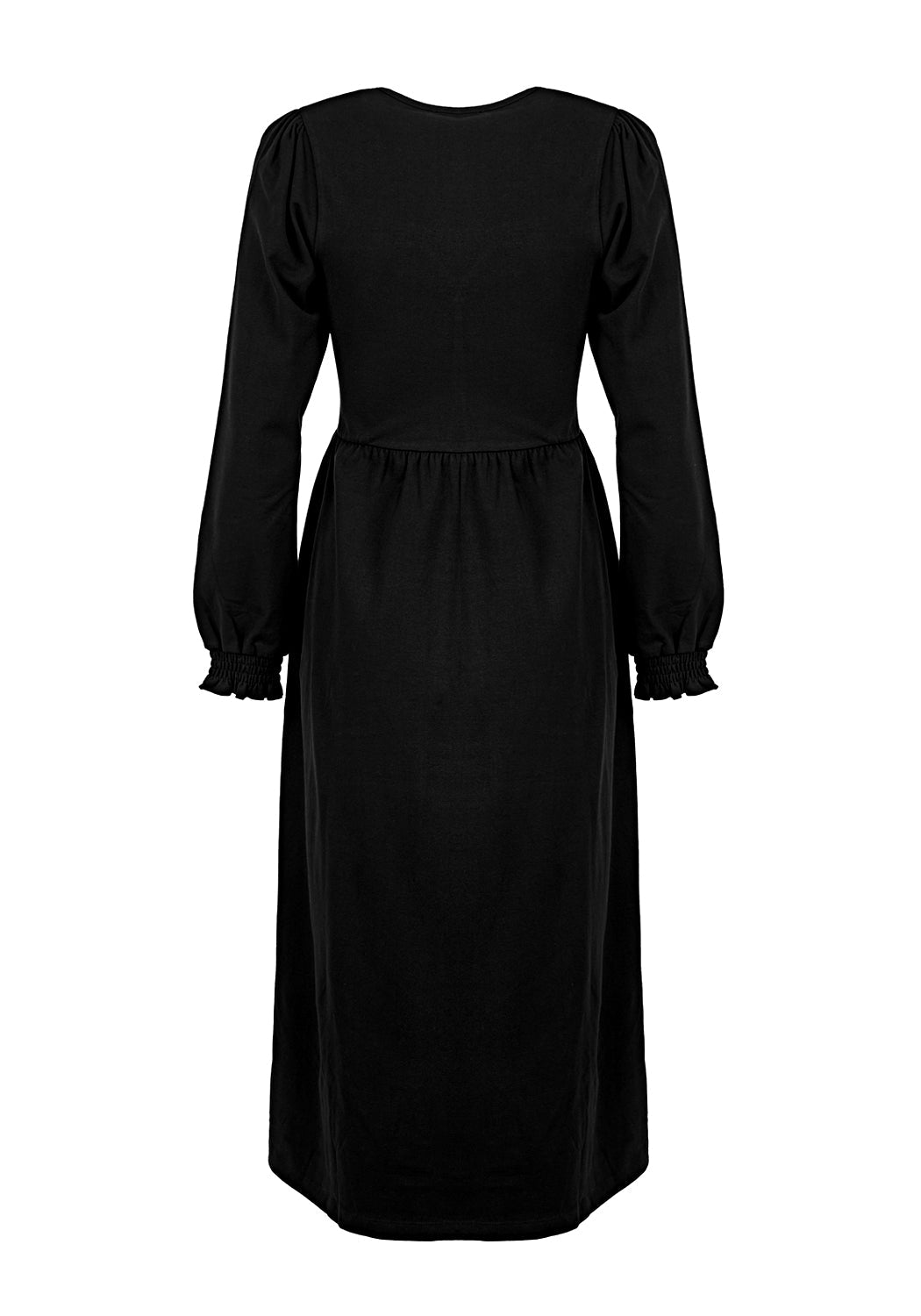 Black Puff Sleeve Midi Dress with V-Neck & Button Detail | Dollsome