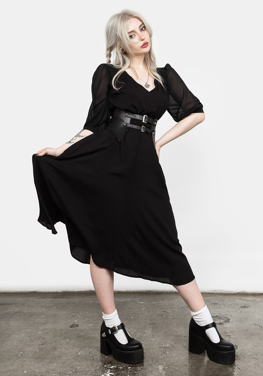 Black Sheer Puff Sleeve Midi Dress with Lace Trim | Maja