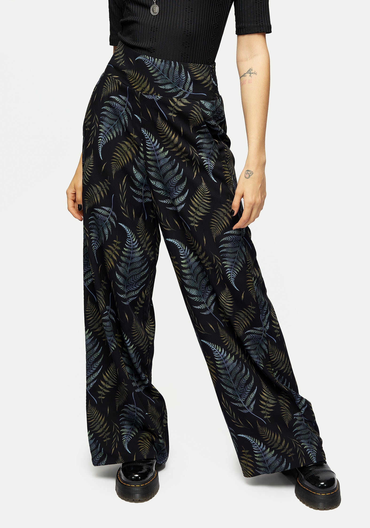 Black Fern Print Wide Leg Pants with Smocked Waist | Breathable & Stylish