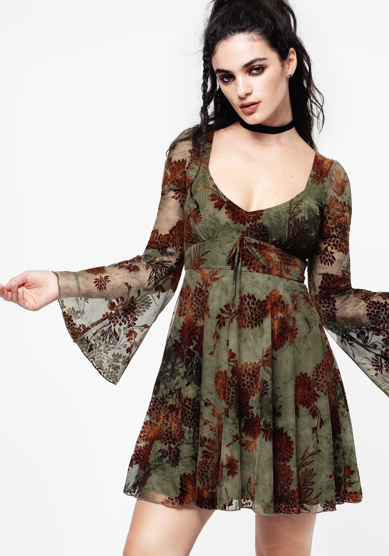 Green Velour Flock Mesh Mini Dress with Flare Sleeves | Rosaleigh