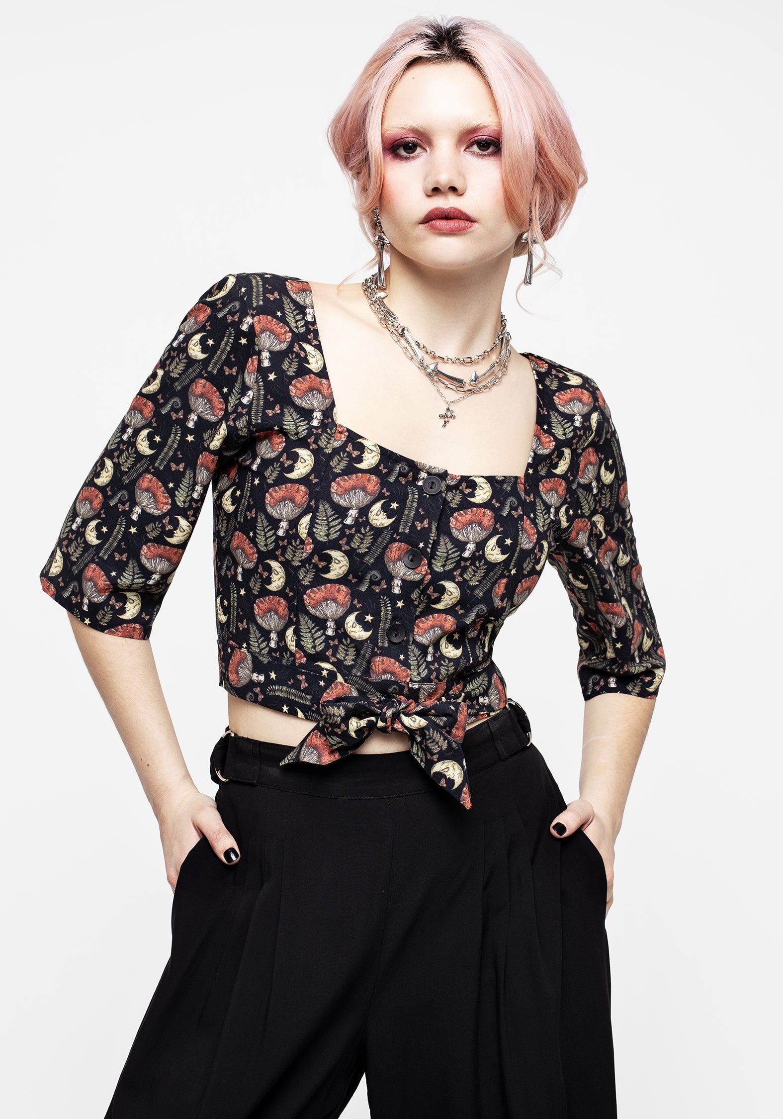 Black Mushroom & Moon Print Button-Up Crop Top with Waist Ties