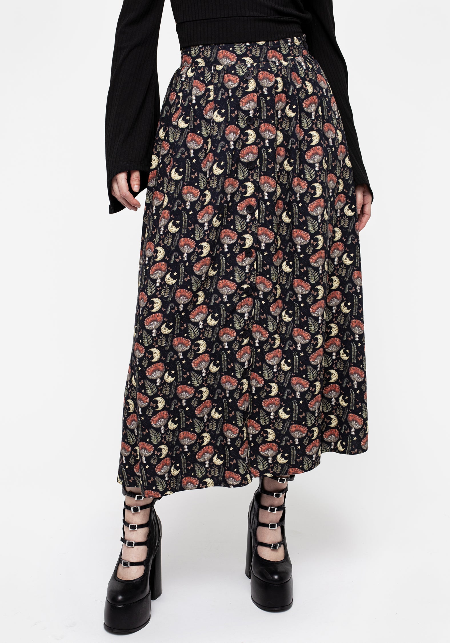 Mushroom Moon Print Button Up Midaxi Skirt - High Waisted & Breathable