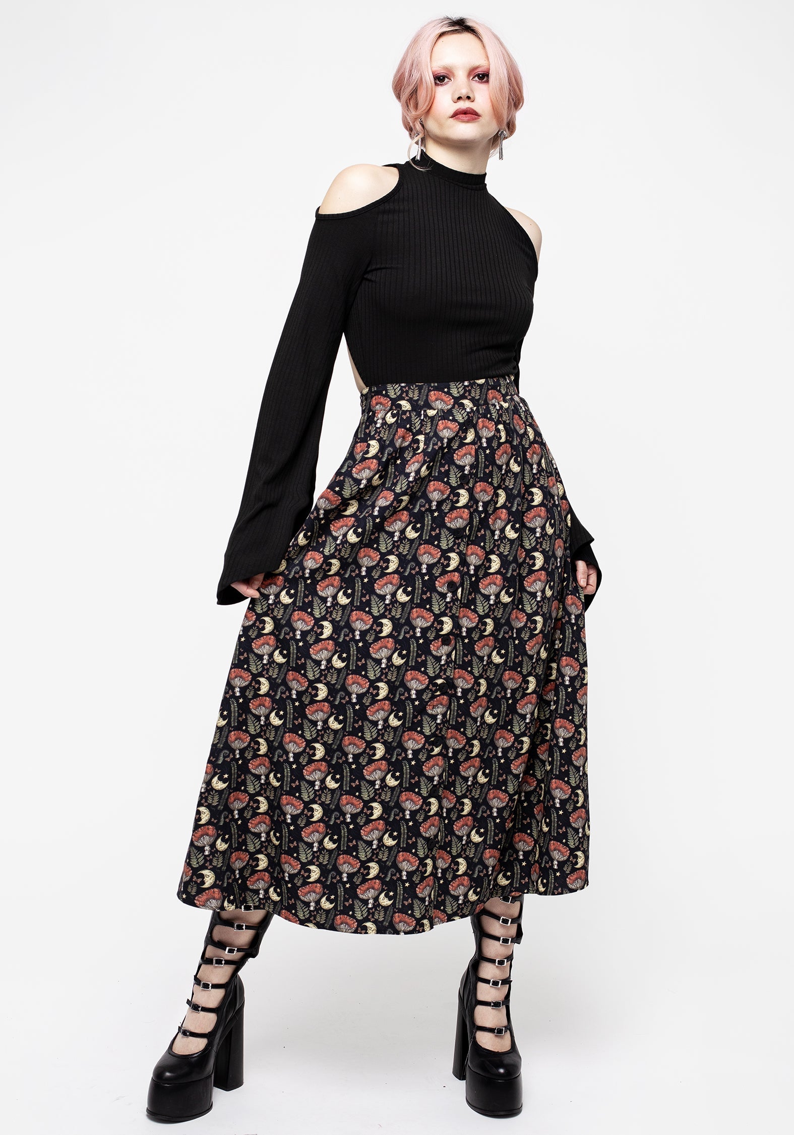 Mushroom Moon Print Button Up Midaxi Skirt - High Waisted & Breathable