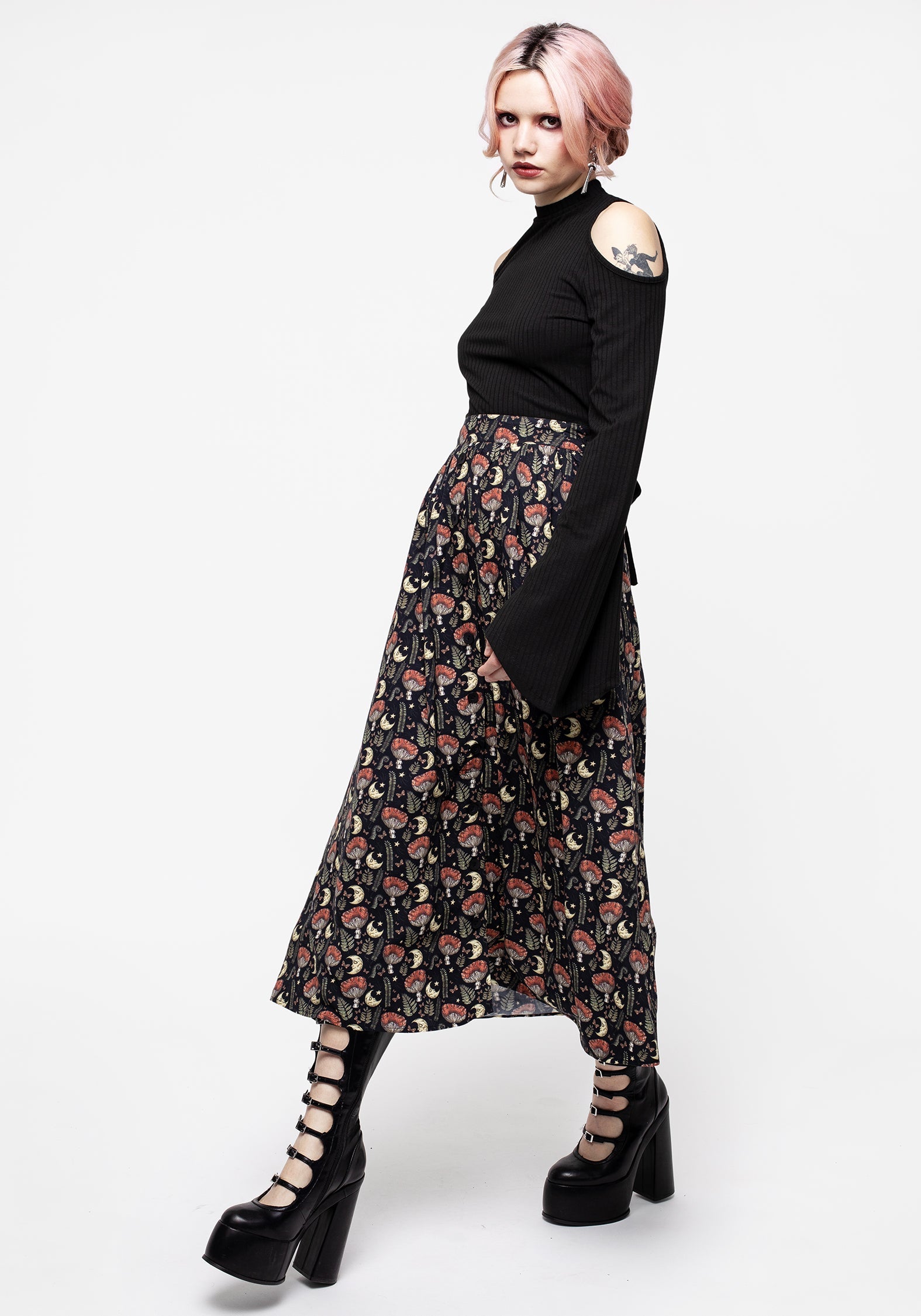 Mushroom Moon Print Button Up Midaxi Skirt - High Waisted & Breathable