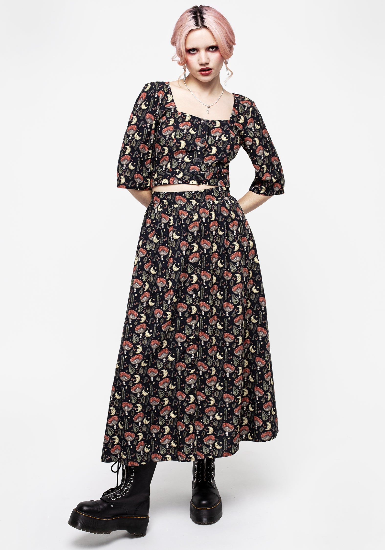 Mushroom Moon Print Button Up Midaxi Skirt - High Waisted & Breathable