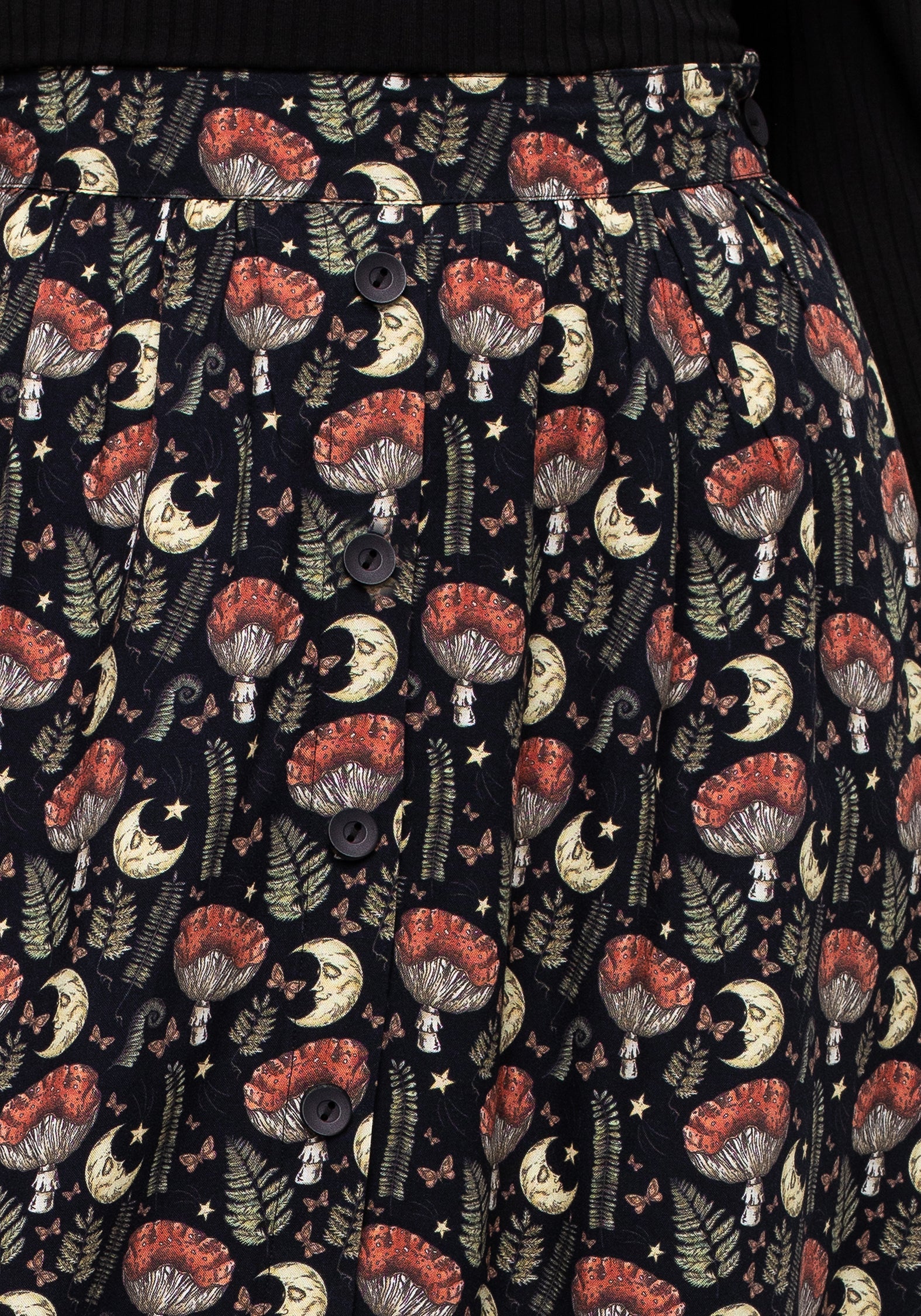 Mushroom Moon Print Button Up Midaxi Skirt - High Waisted & Breathable