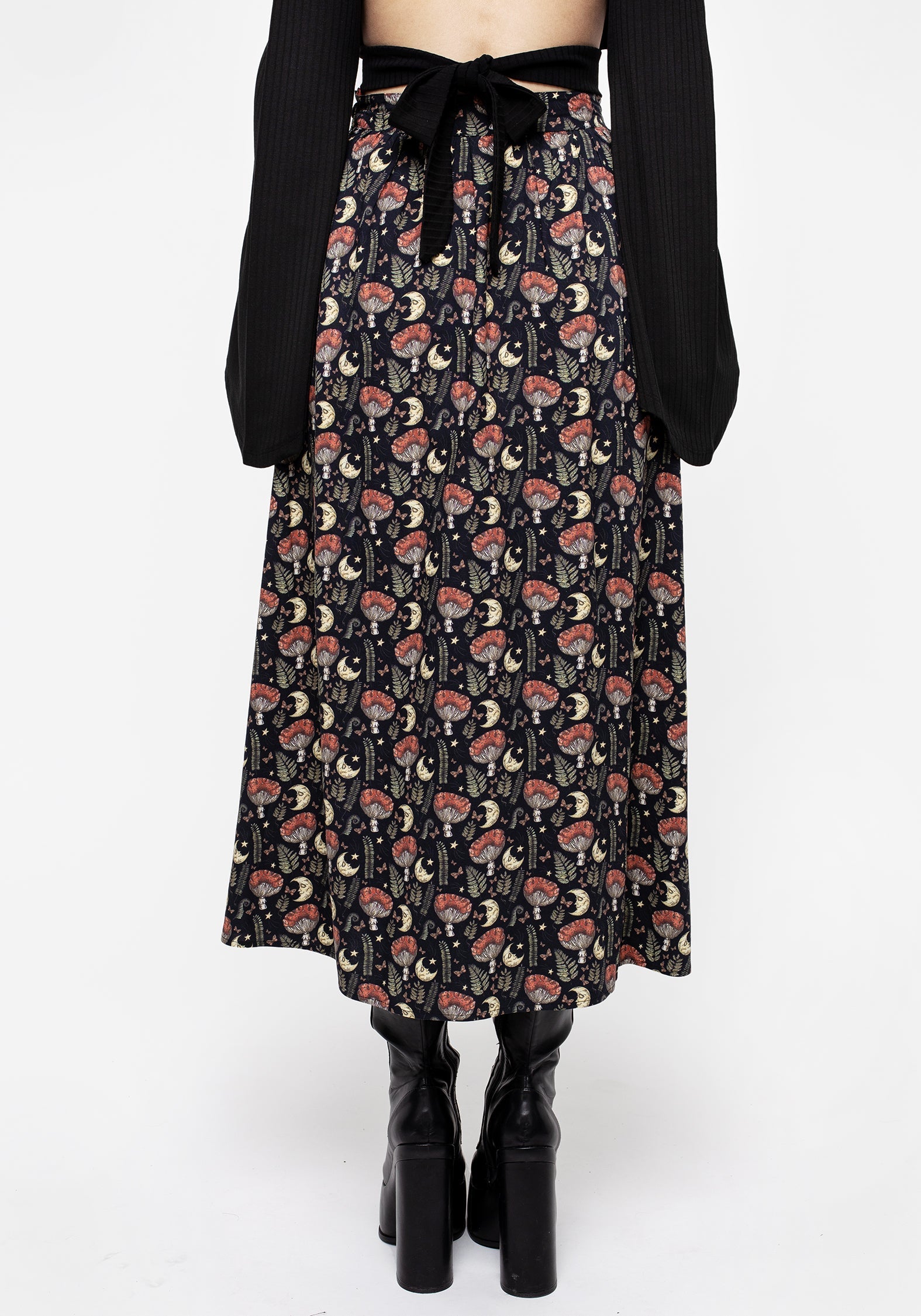 Mushroom Moon Print Button Up Midaxi Skirt - High Waisted & Breathable