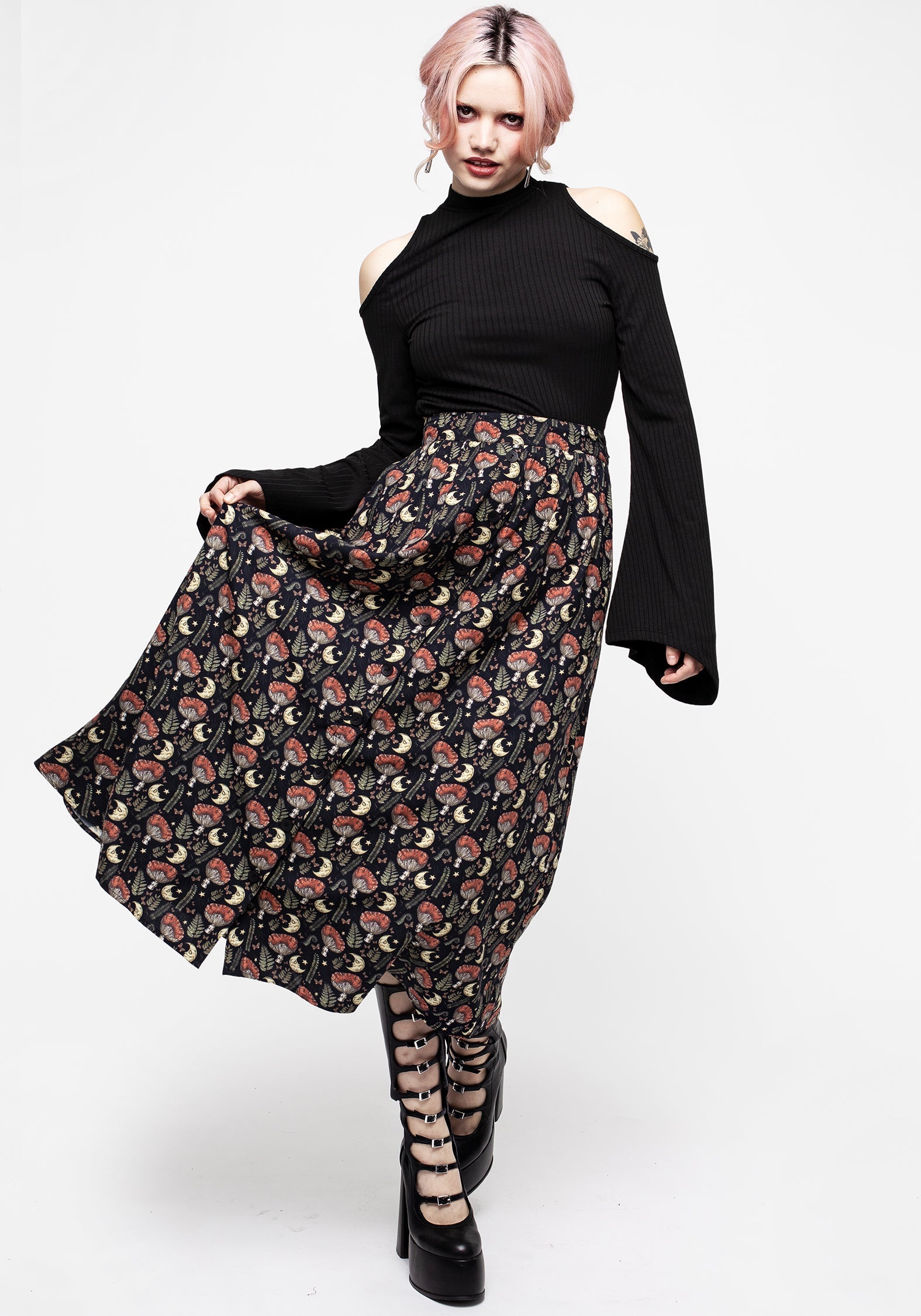 Mushroom Moon Print Button Up Midaxi Skirt - High Waisted & Breathable