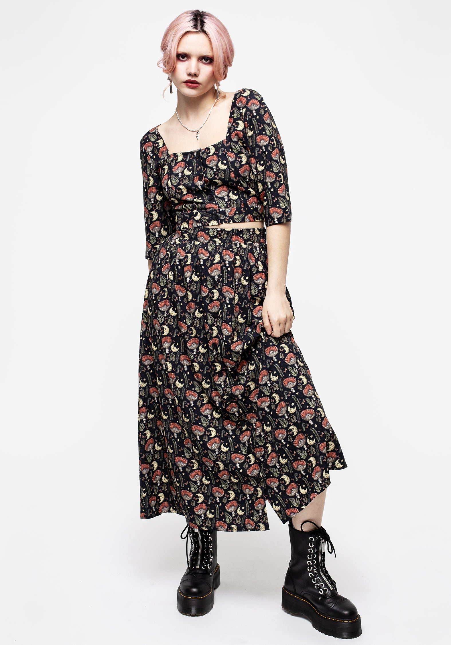 Mushroom Moon Print Button Up Midaxi Skirt - High Waisted & Breathable