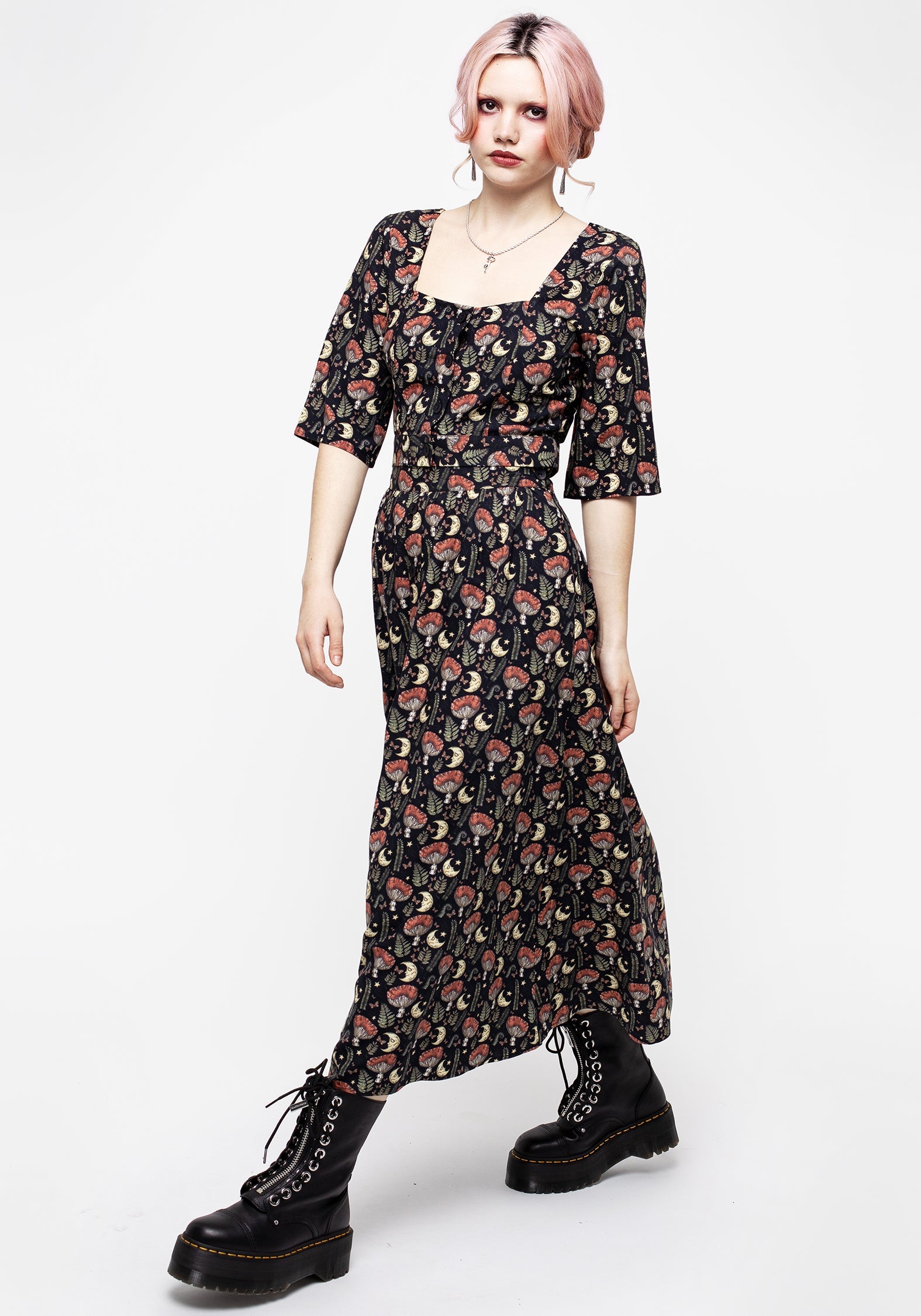 Mushroom Moon Print Button Up Midaxi Skirt - High Waisted & Breathable