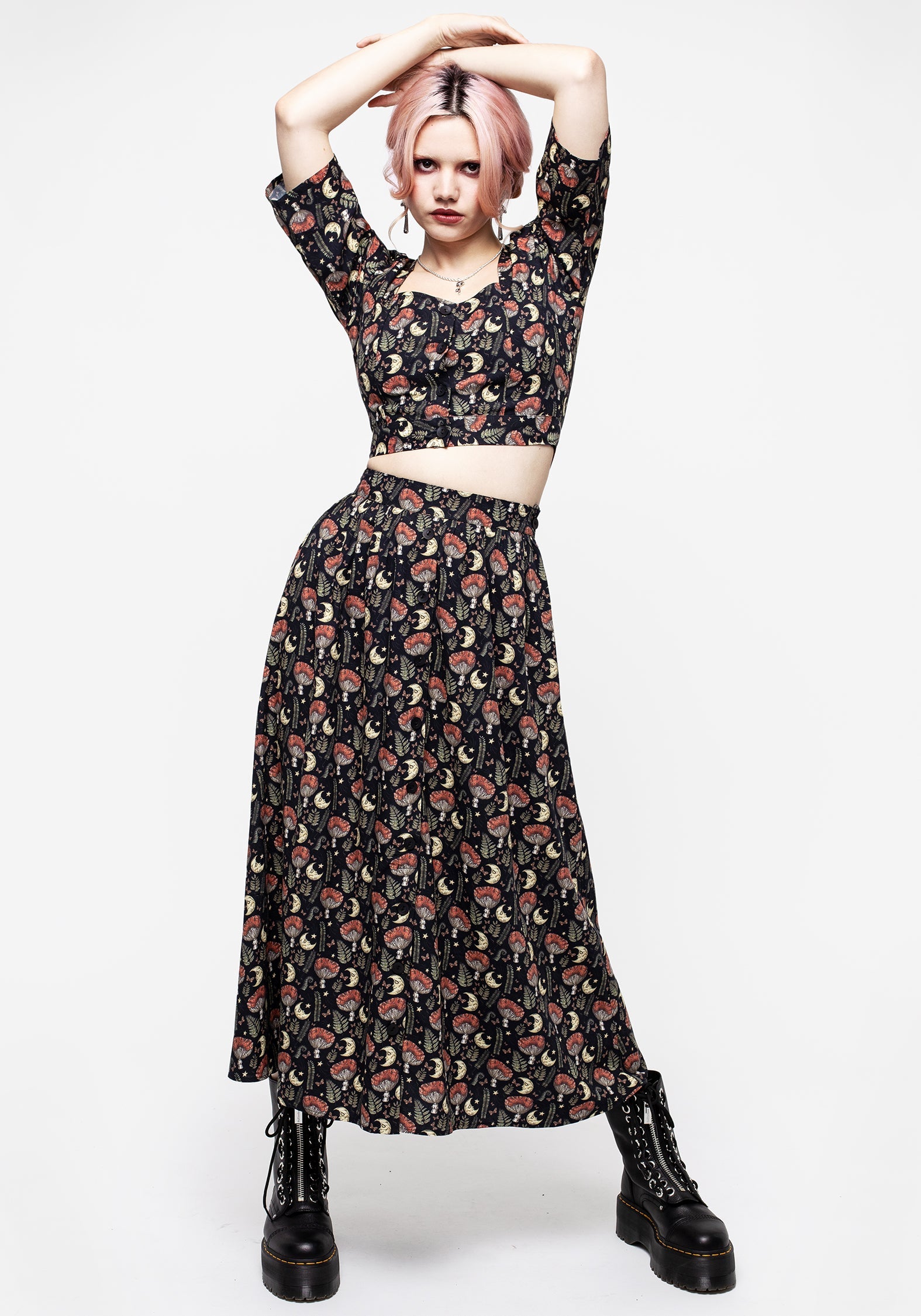 Mushroom Moon Print Button Up Midaxi Skirt - High Waisted & Breathable