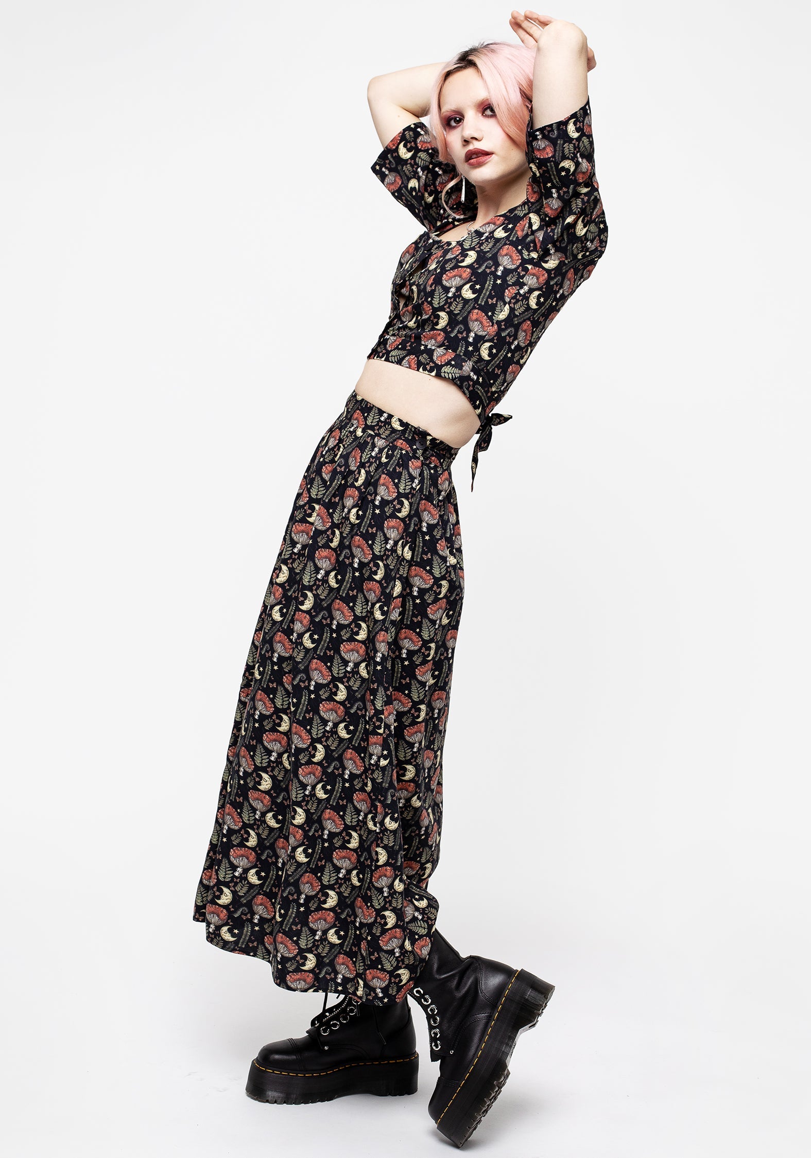 Mushroom Moon Print Button Up Midaxi Skirt - High Waisted & Breathable