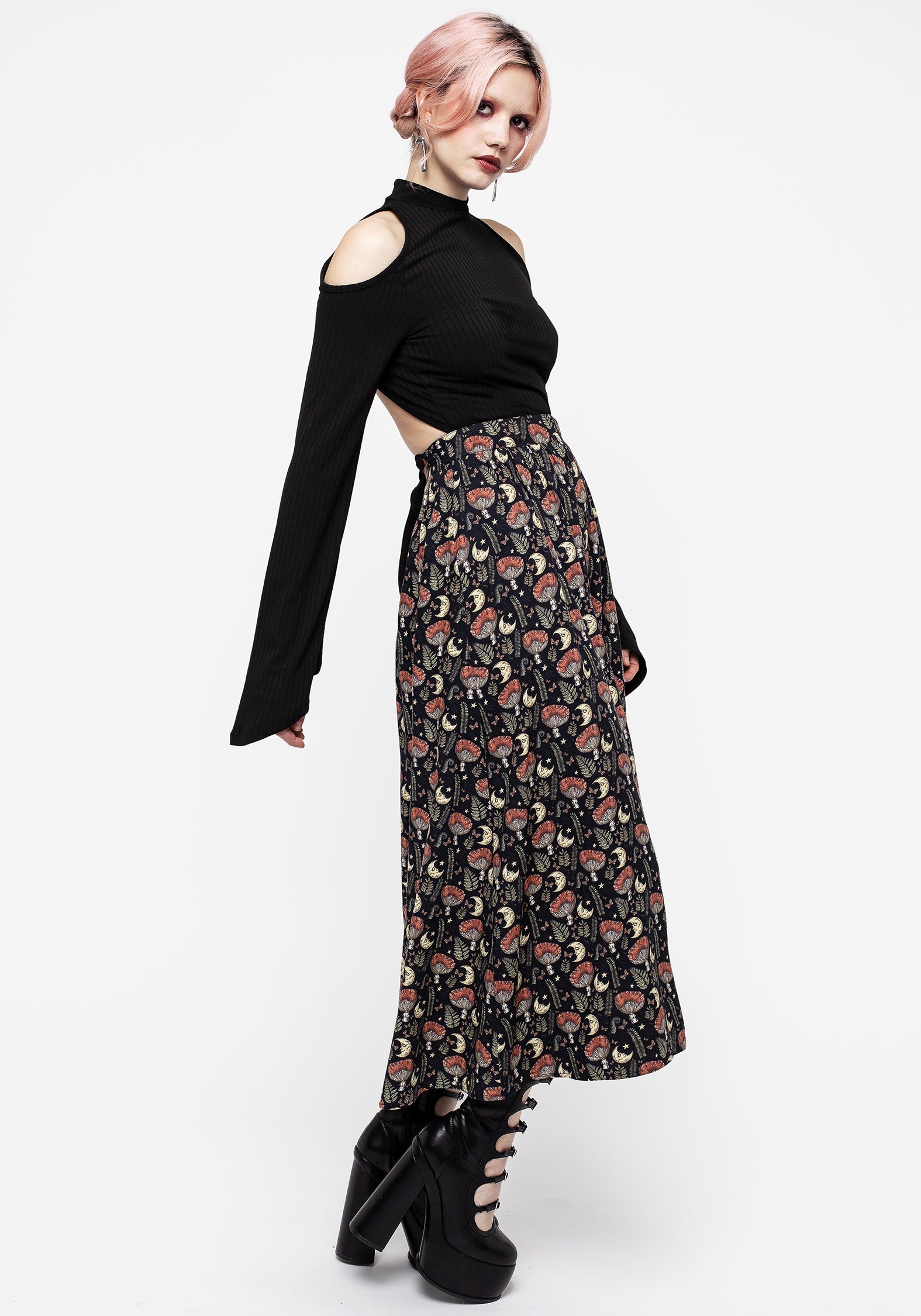 Mushroom Moon Print Button Up Midaxi Skirt - High Waisted & Breathable