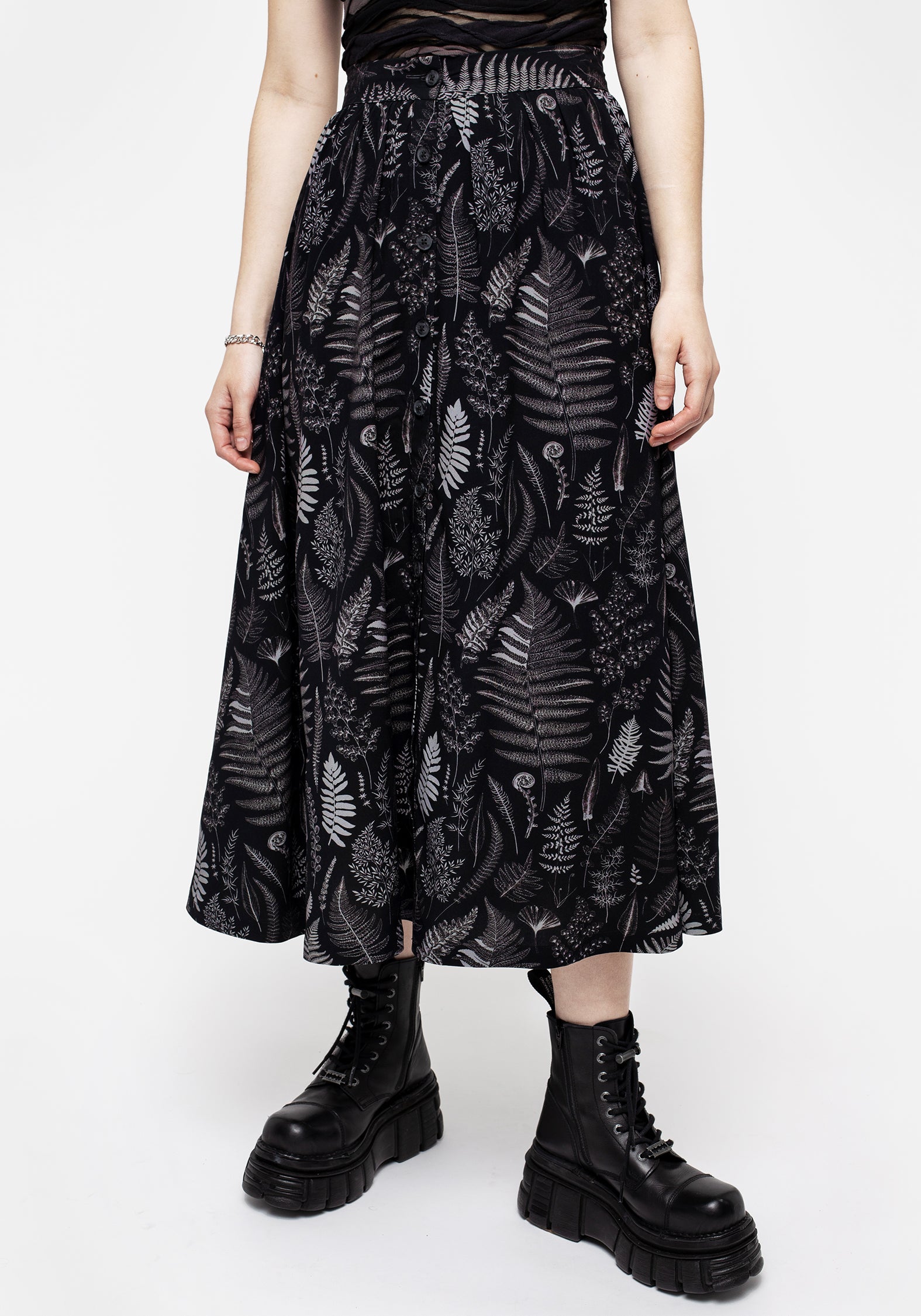 Black Fern Print Button-Up Midi Skirt with Elastic Waist | Maidenhair