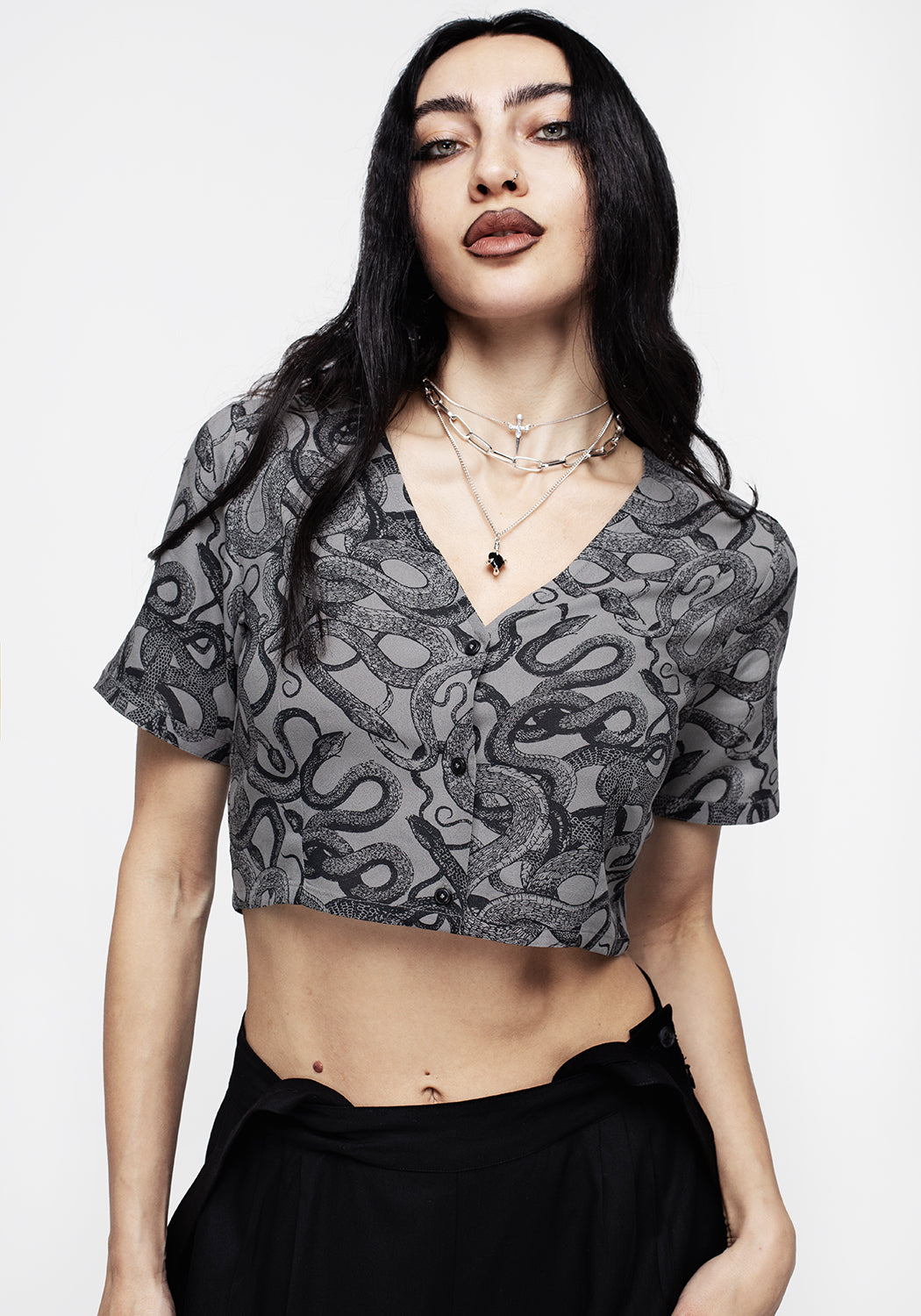 Snakes Print Button Down Crop Top - Grey | Ophidia