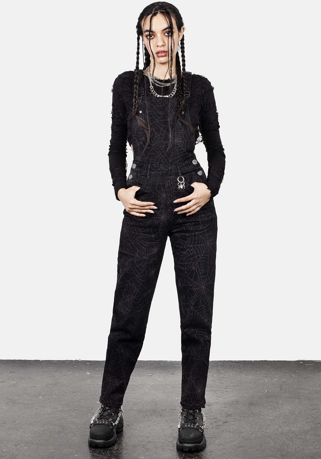 Black Denim Mom Dungarees with Spiderweb Print | Venom