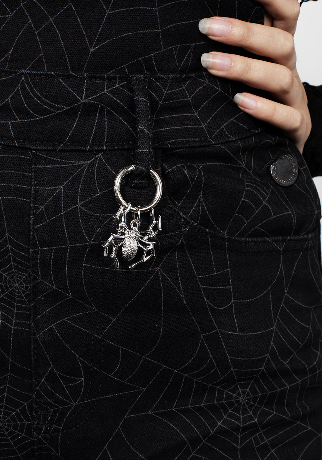 Black Denim Mom Dungarees with Spiderweb Print | Venom