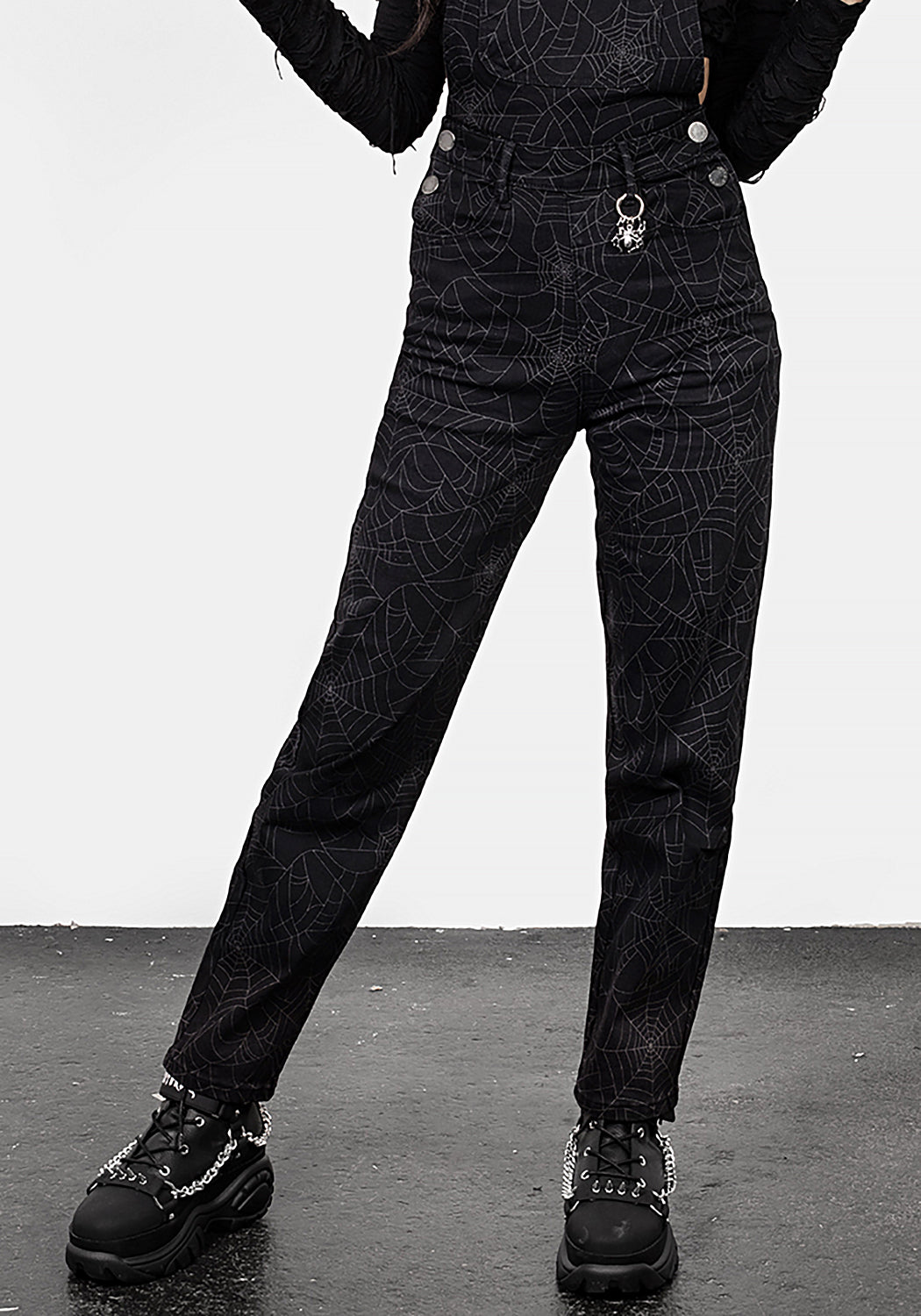 Black Denim Mom Dungarees with Spiderweb Print | Venom