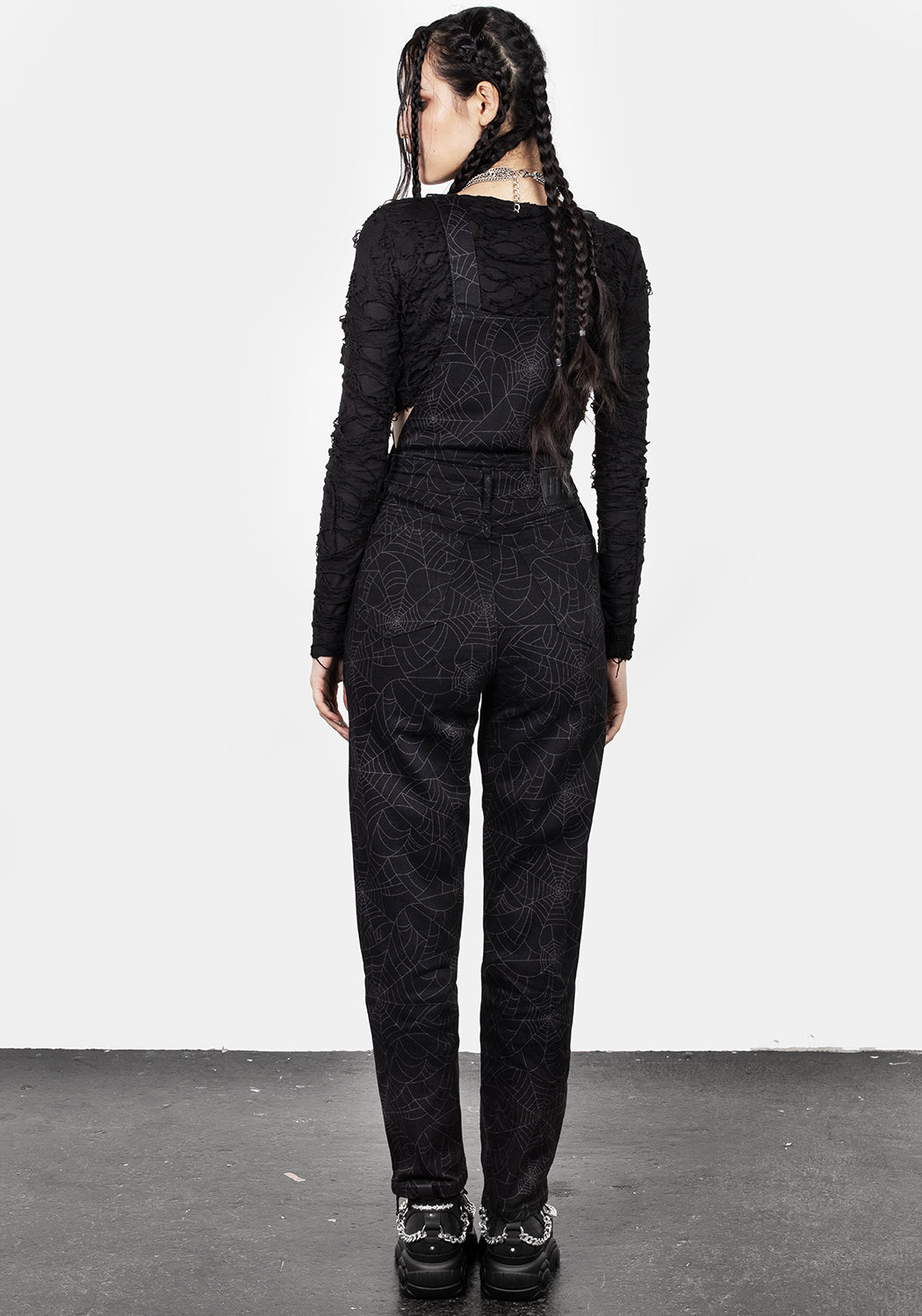 Black Denim Mom Dungarees with Spiderweb Print | Venom