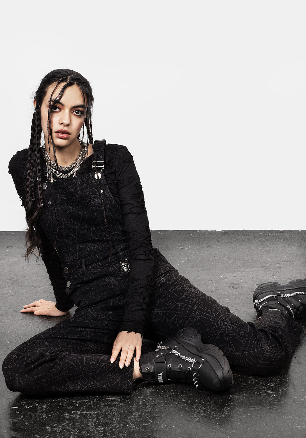 Black Denim Mom Dungarees with Spiderweb Print | Venom