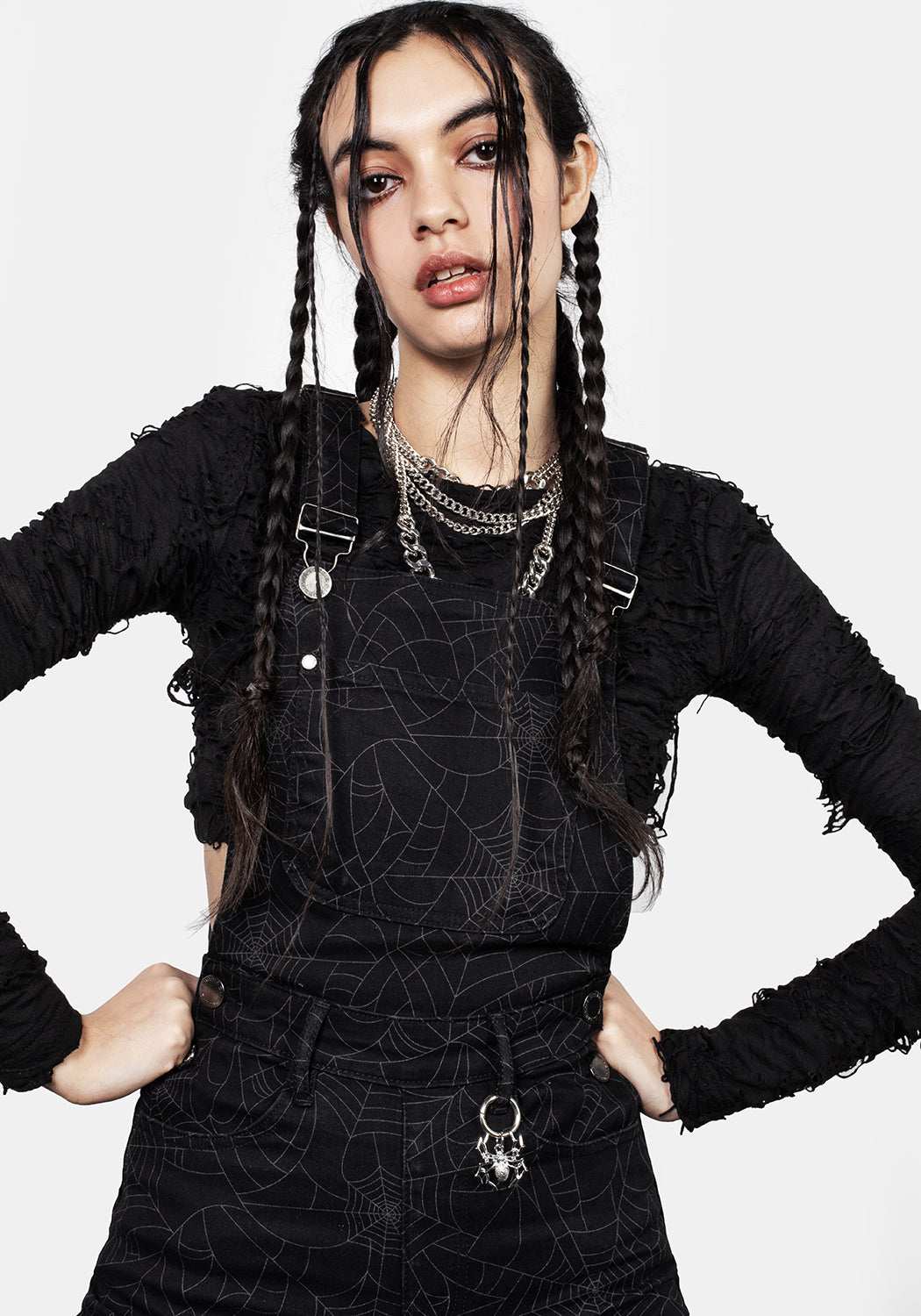Black Denim Mom Dungarees with Spiderweb Print | Venom