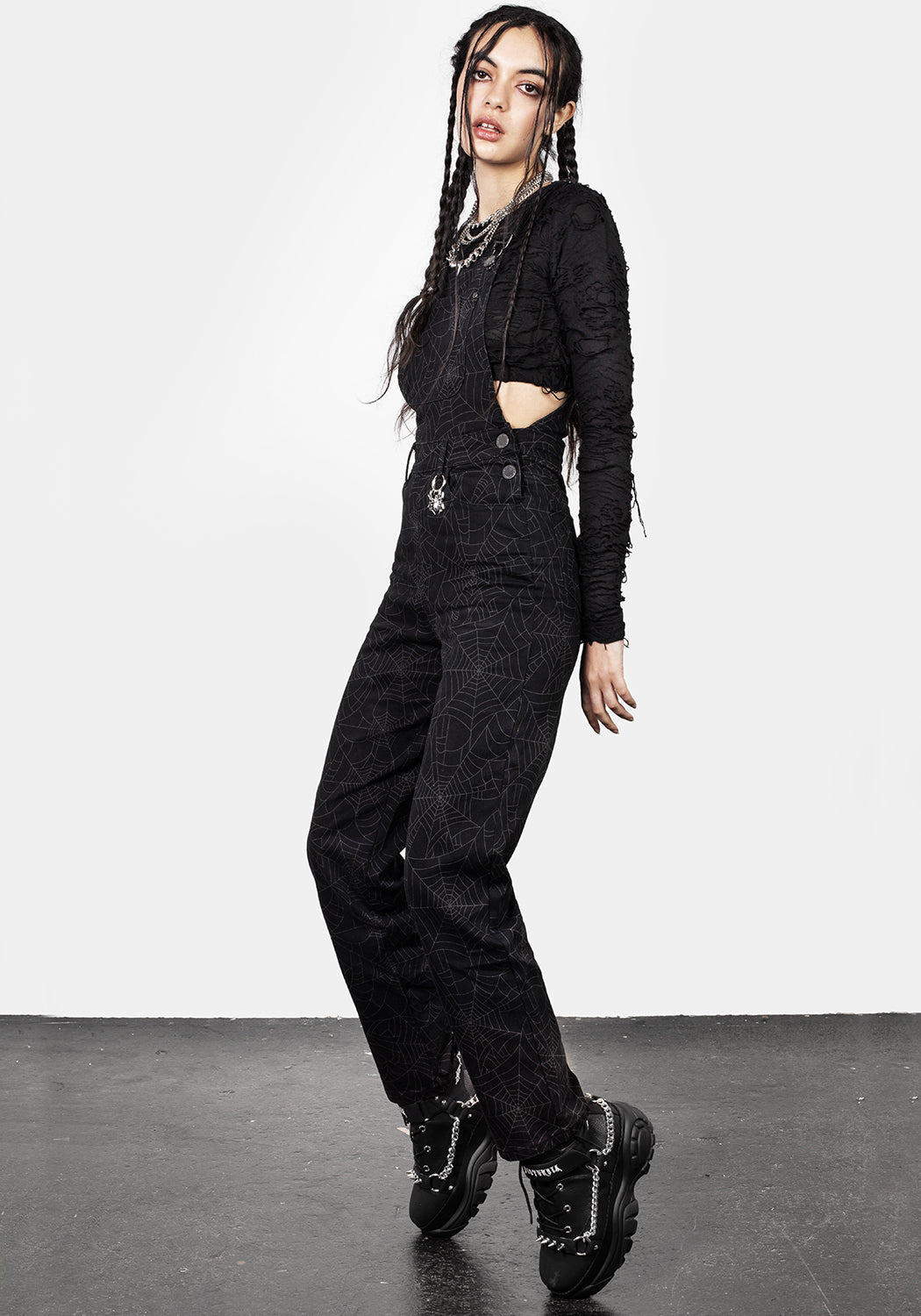Black Denim Mom Dungarees with Spiderweb Print | Venom