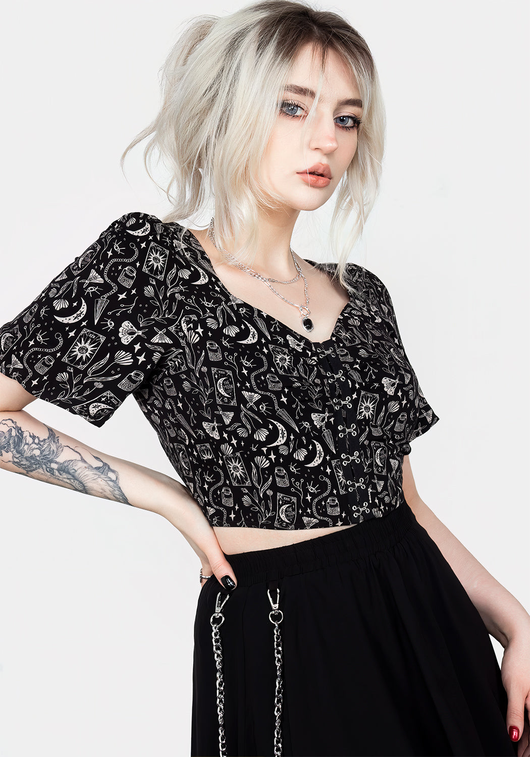 Black Hook & Eye Crop Top with Sweetheart Neckline | Gothic Print
