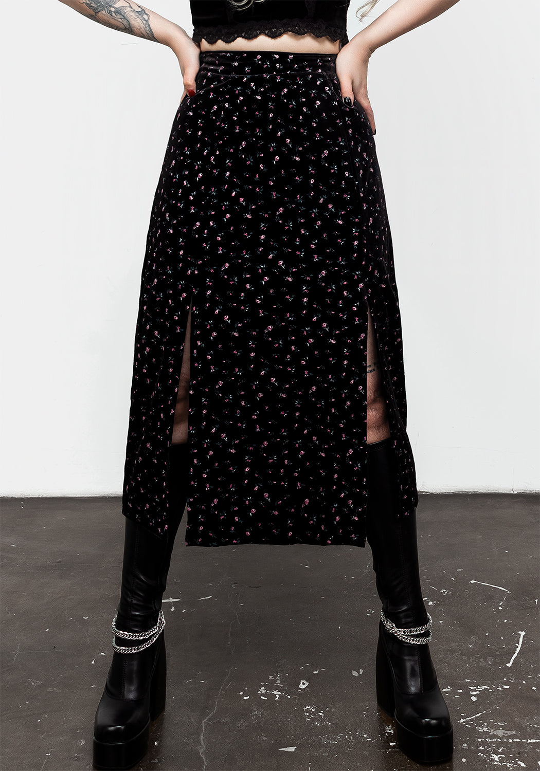 Black Velvet Floral Midi Skirt with Front Split | Woe