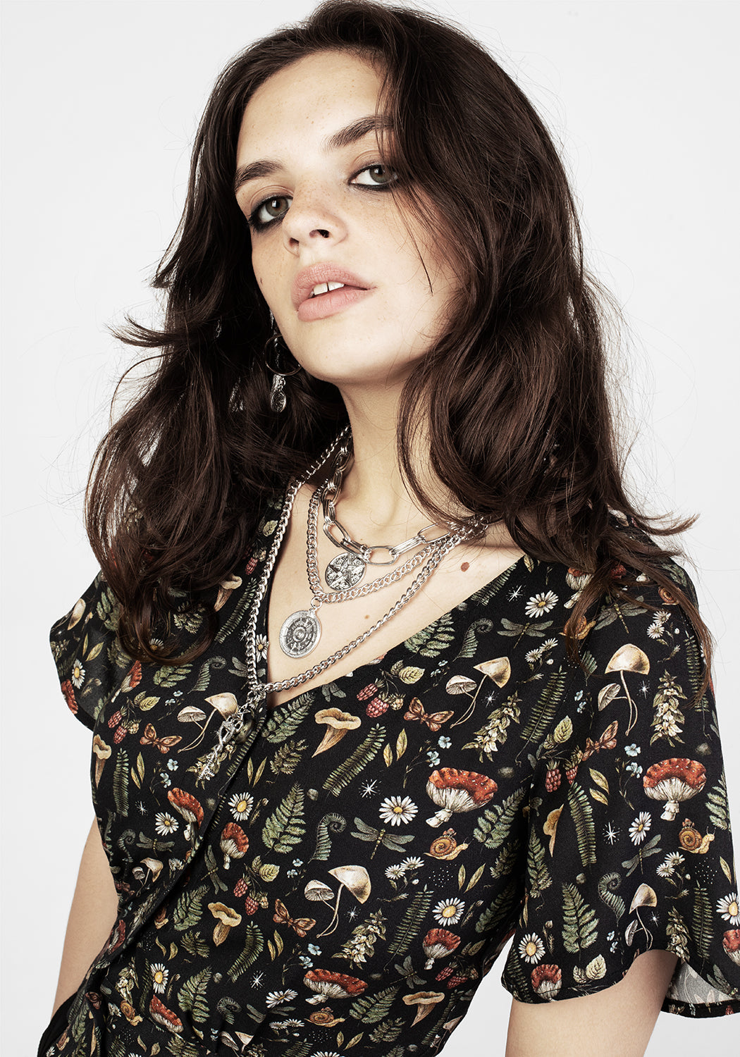 Black Printed Button Up Crop Top with V-Neck | Luthien