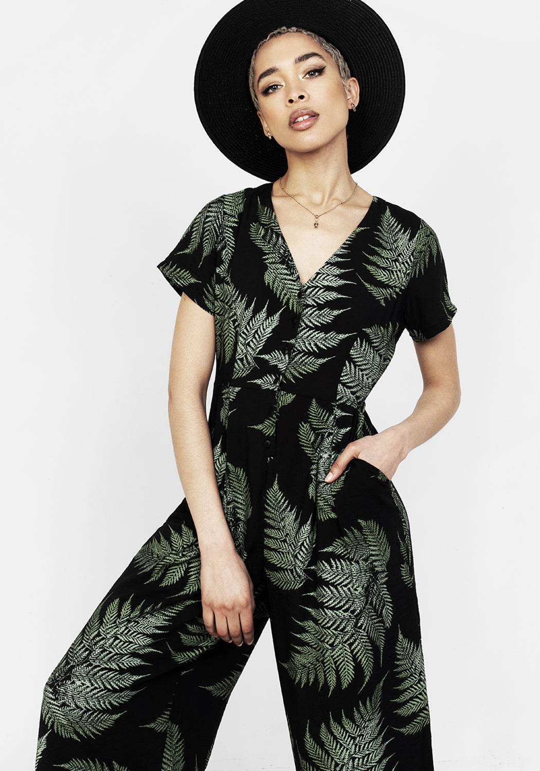 Fern Print Relaxed Fit Jumpsuit with Pockets | Breathable Rayon