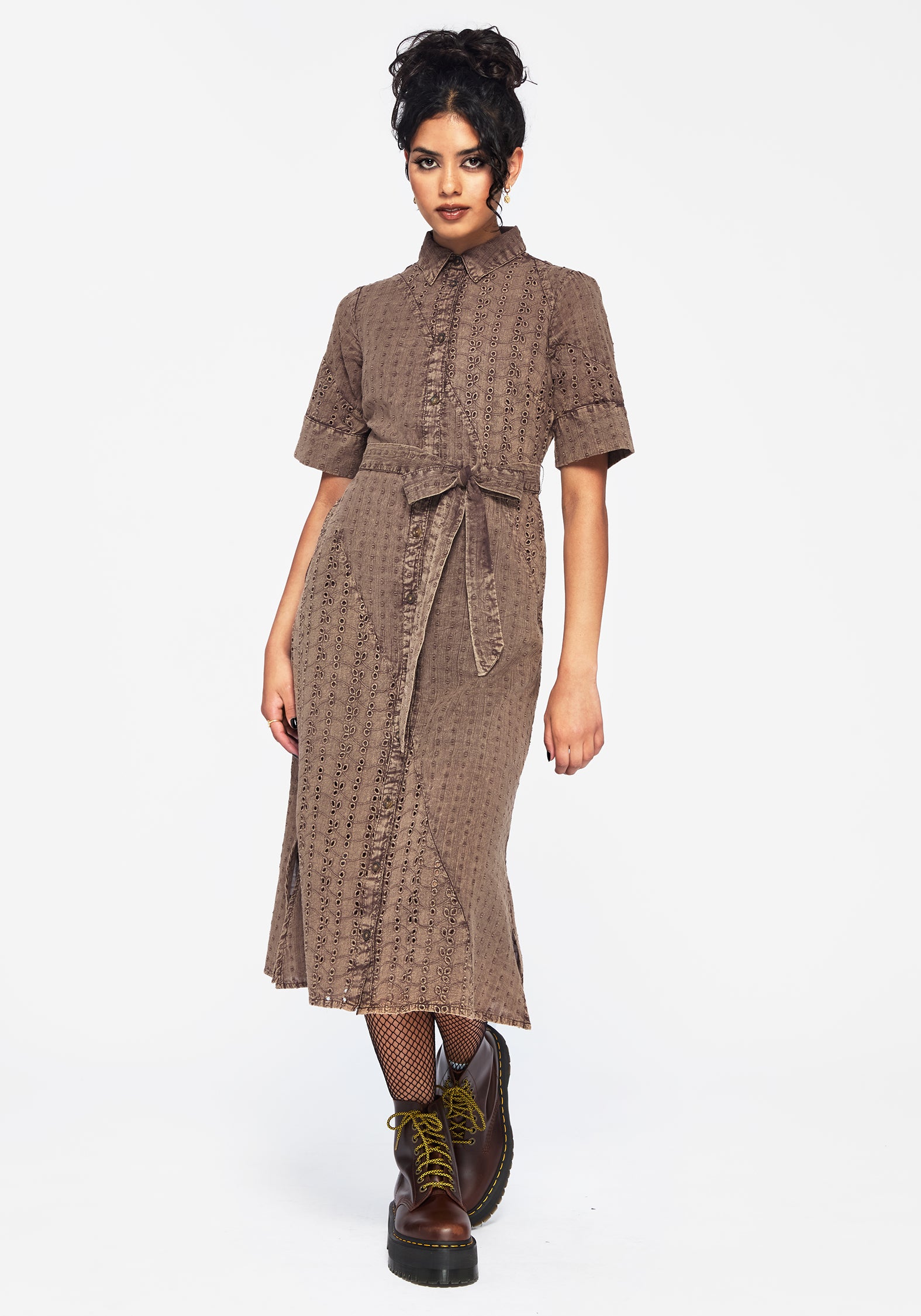 Brown Cotton Broderie Midi Shirt Dress with Tie Belt | Summerisle