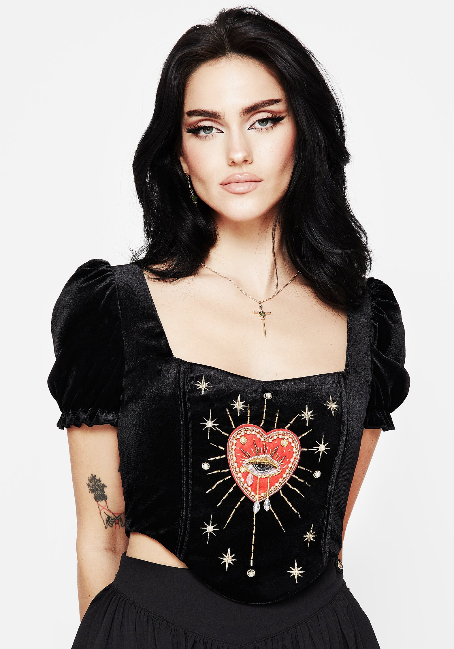 Embroidered Corset Top with Puff Sleeves & Zipper | Ingrid