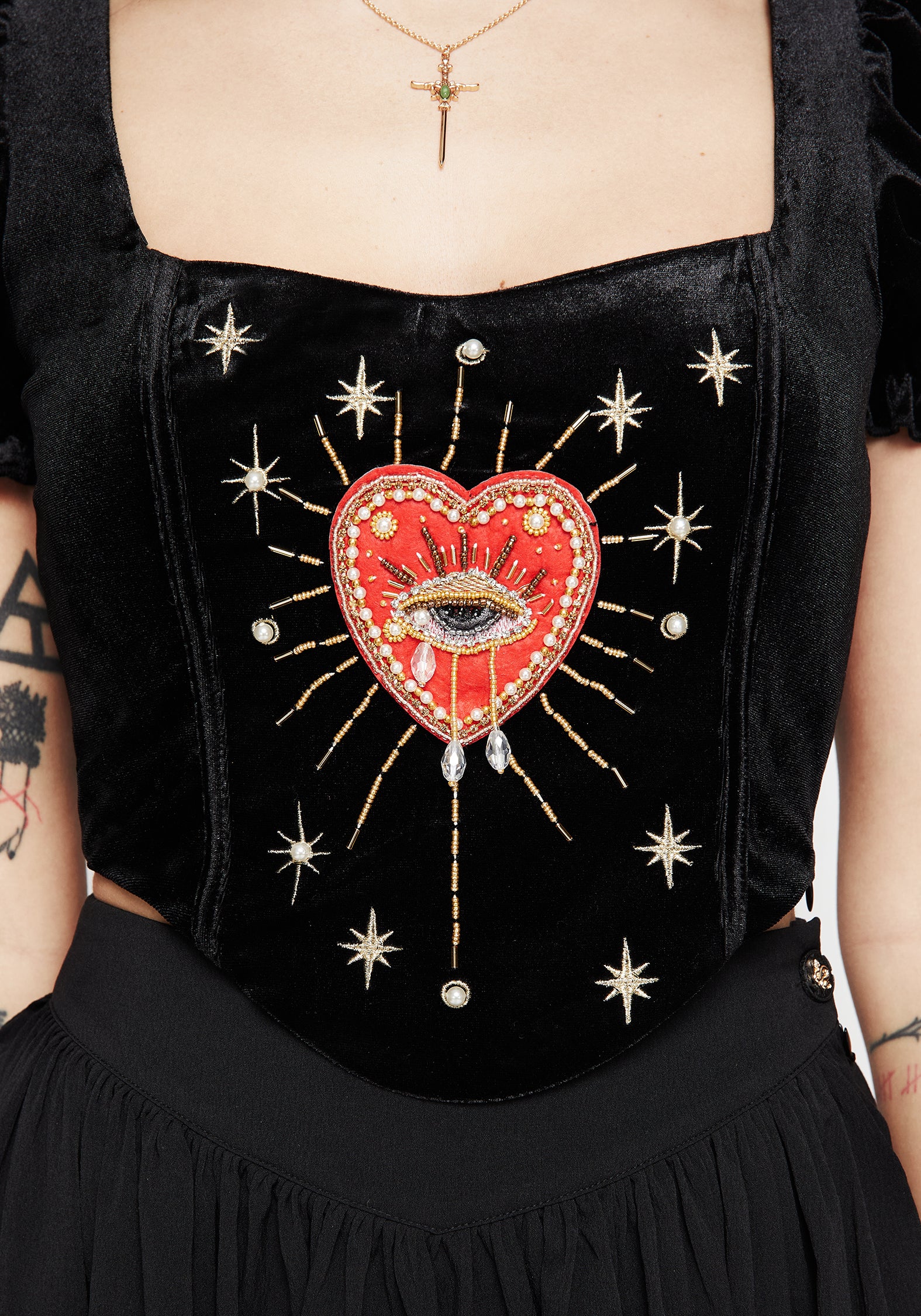 Embroidered Corset Top with Puff Sleeves & Zipper | Ingrid