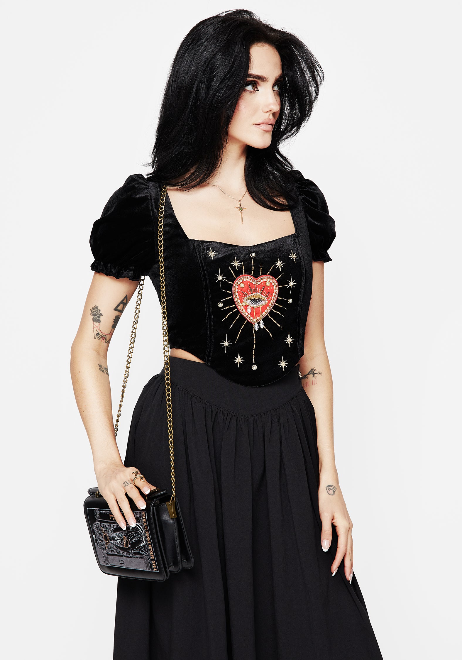 Embroidered Corset Top with Puff Sleeves & Zipper | Ingrid