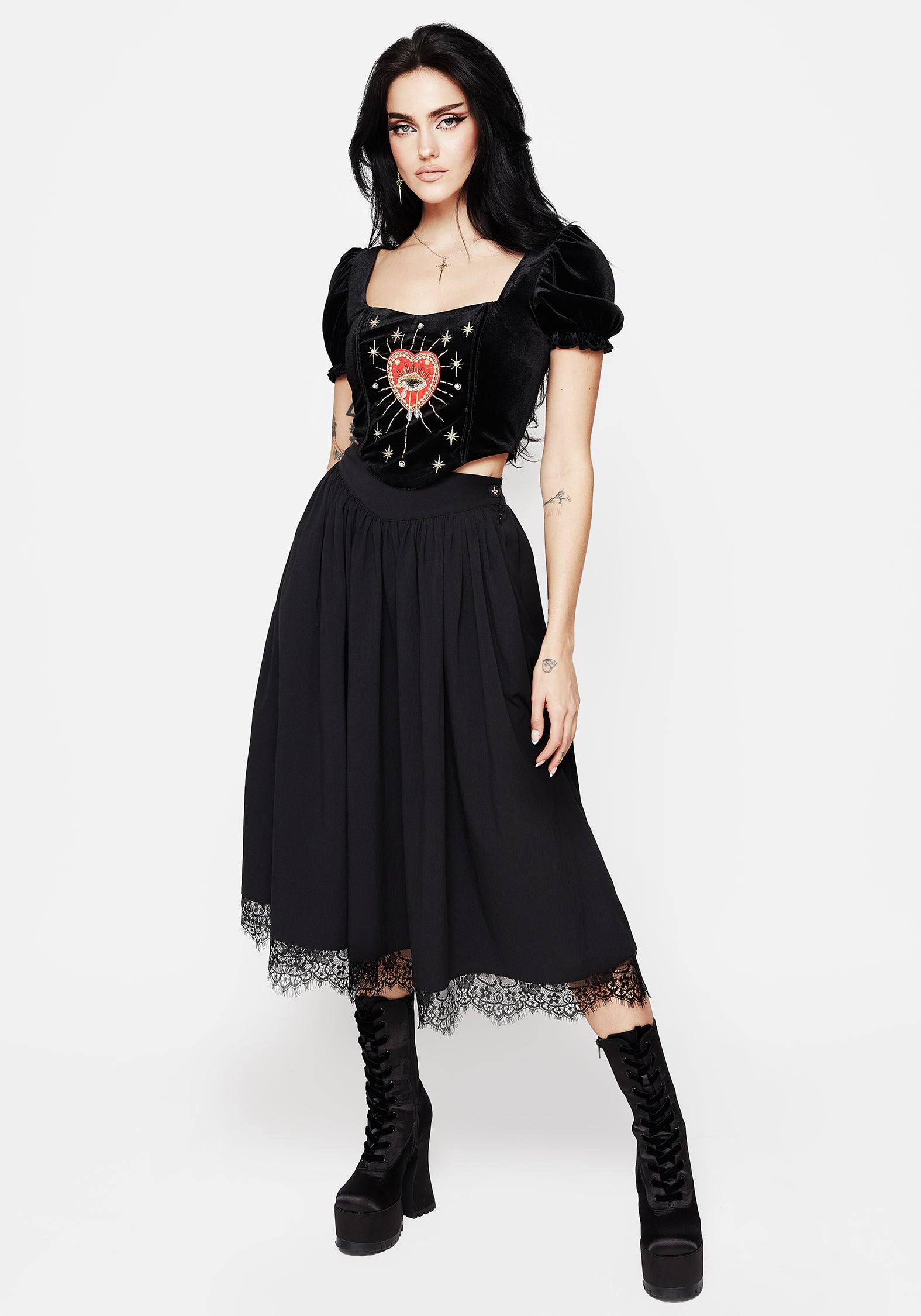 Embroidered Corset Top with Puff Sleeves & Zipper | Ingrid