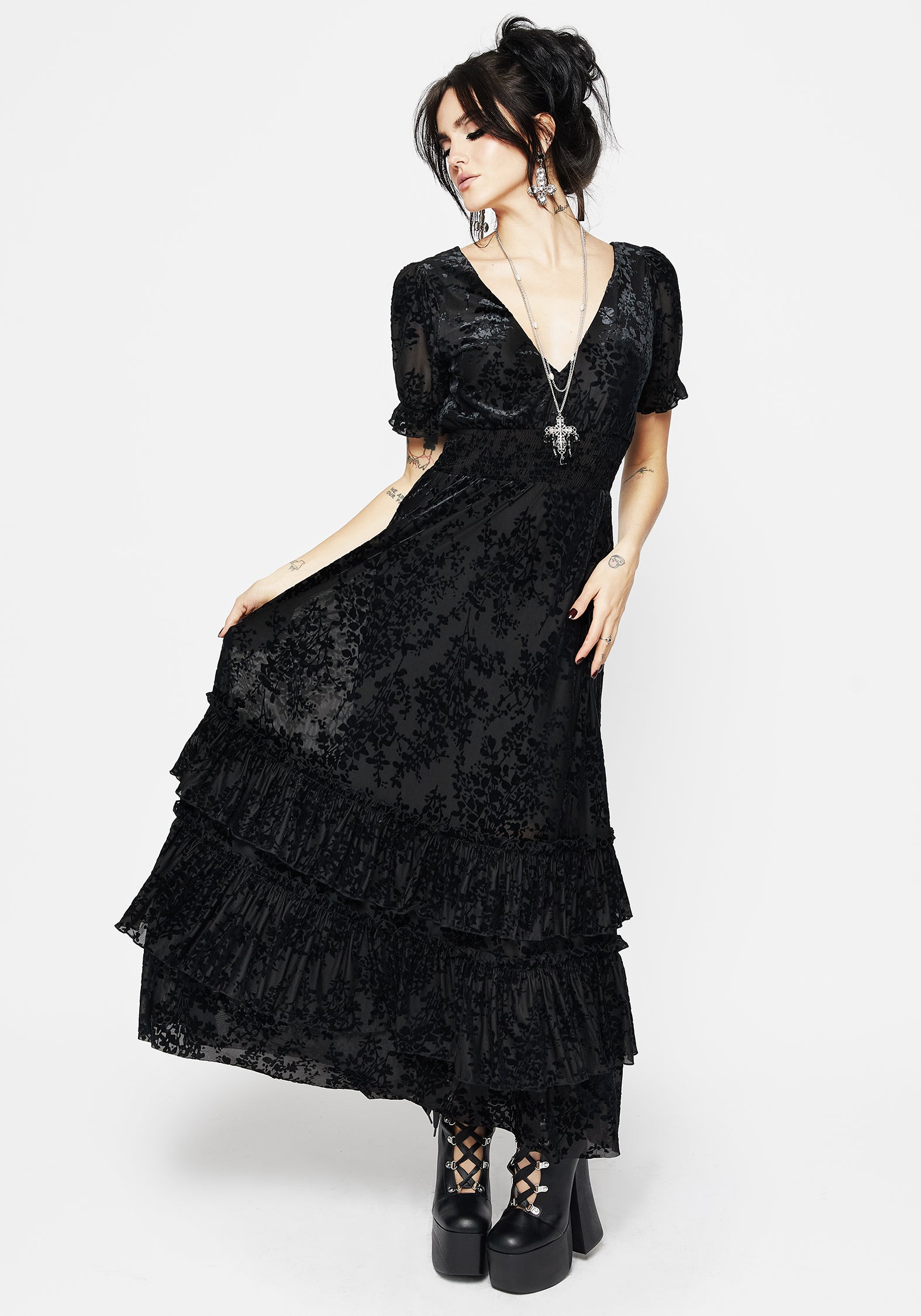 Black Flocked Velvet Maxi Dress with Tiered Skirt & V-Neck | Lilias Devoré