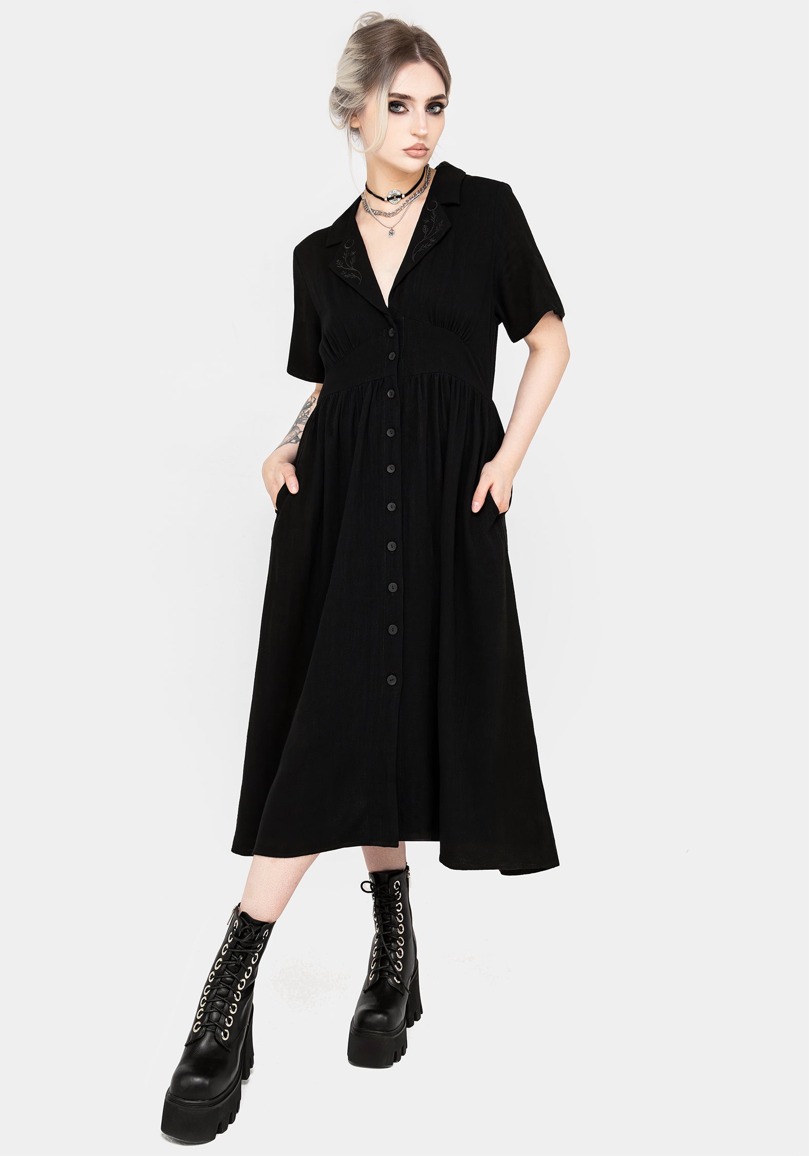 Floral Embroidered Midi Shirt Dress with Pockets | Linen-Blend