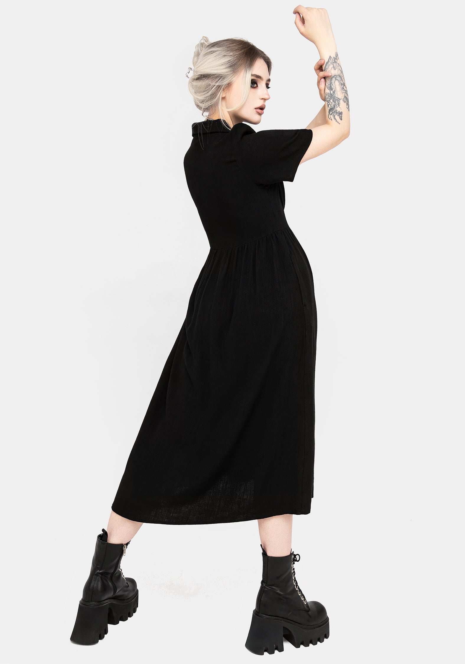 Floral Embroidered Midi Shirt Dress with Pockets | Linen-Blend
