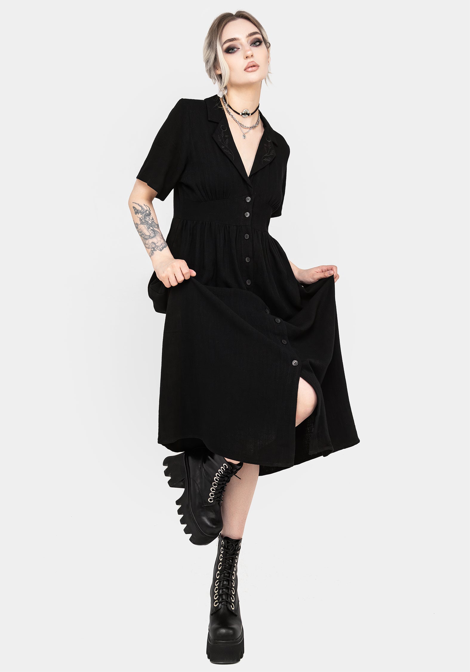 Floral Embroidered Midi Shirt Dress with Pockets | Linen-Blend