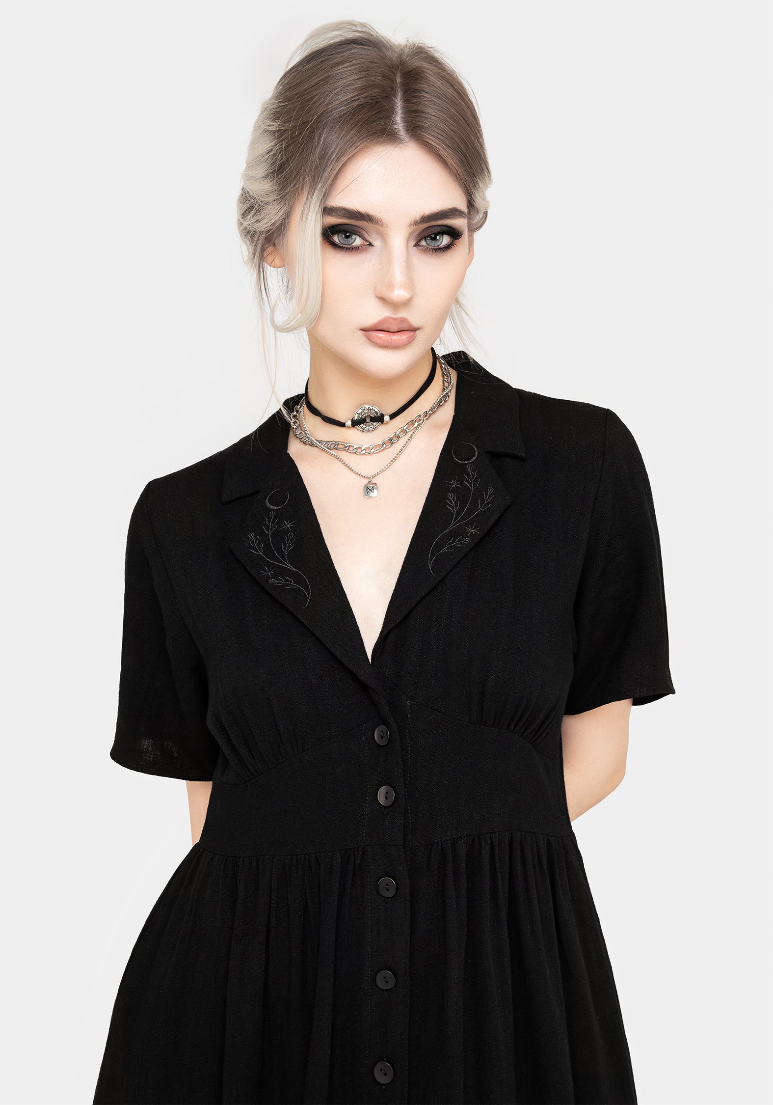 Floral Embroidered Midi Shirt Dress with Pockets | Linen-Blend