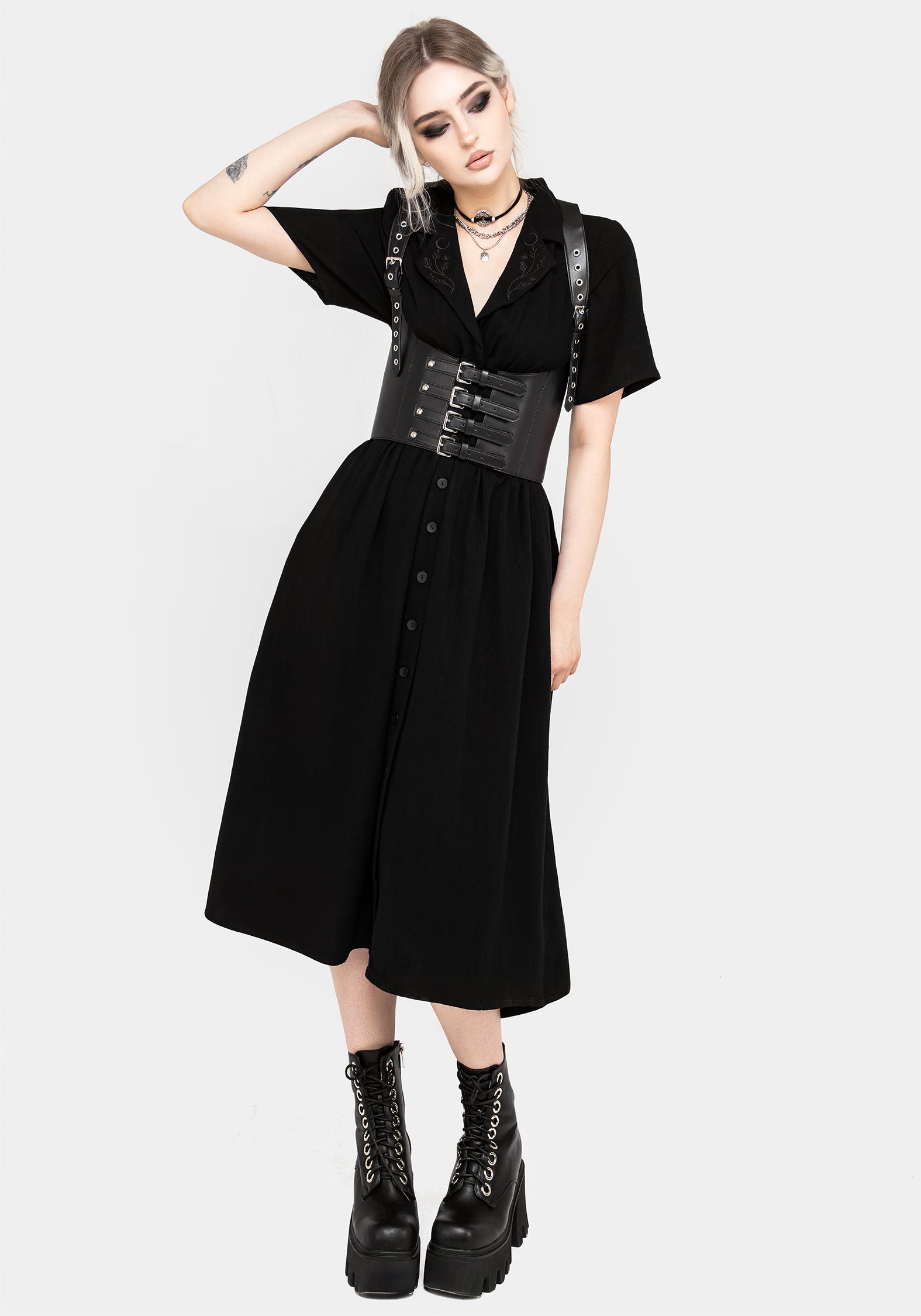 Floral Embroidered Midi Shirt Dress with Pockets | Linen-Blend