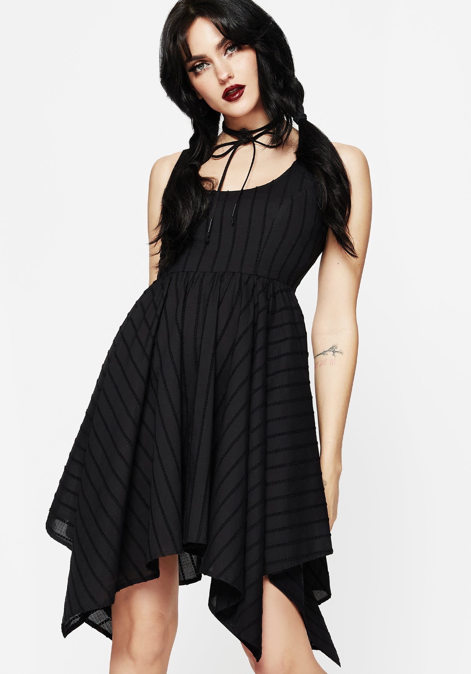 Black Striped Handkerchief Hem Mini Dress | Fit & Flare with Pockets