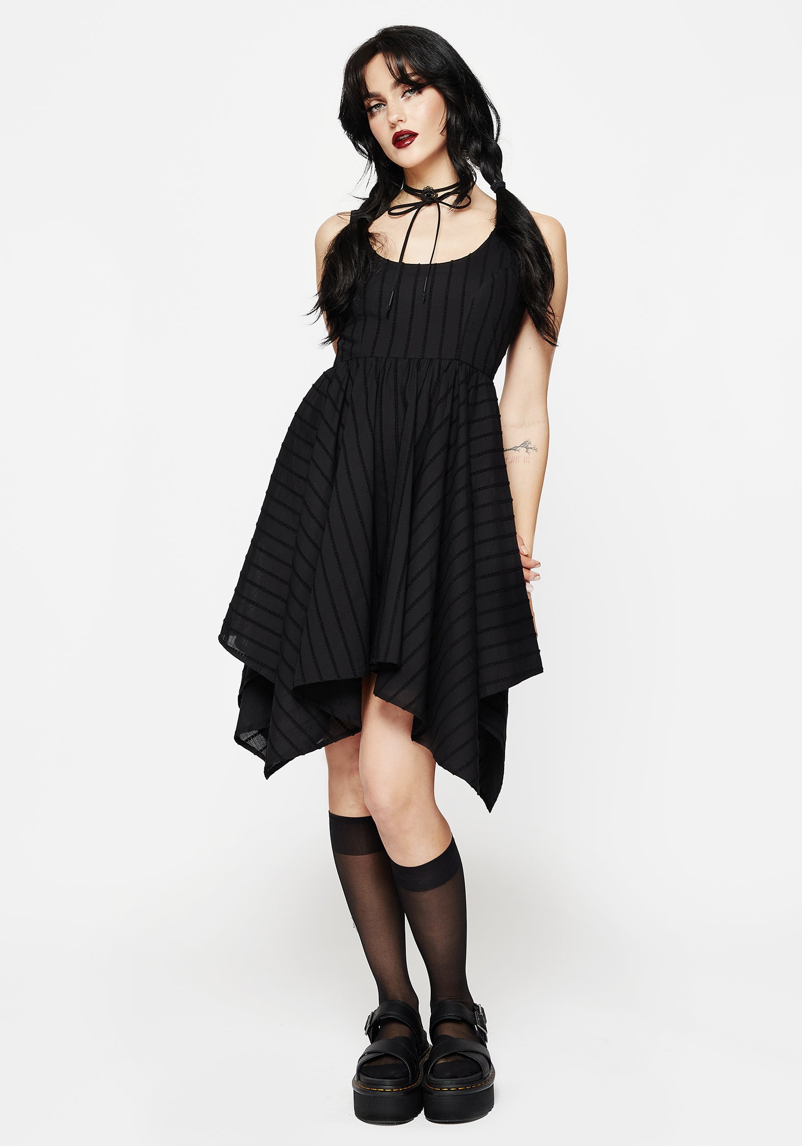 Black Striped Handkerchief Hem Mini Dress | Fit & Flare with Pockets