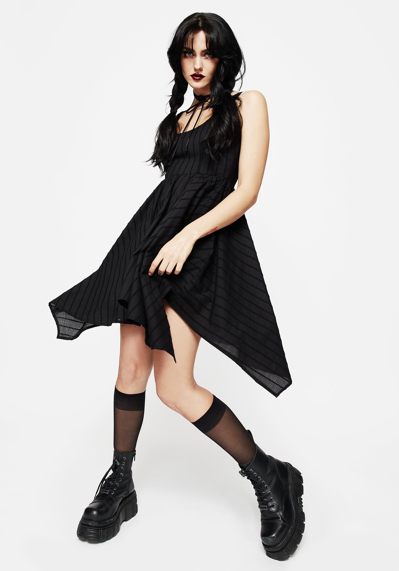 Black Striped Handkerchief Hem Mini Dress | Fit & Flare with Pockets