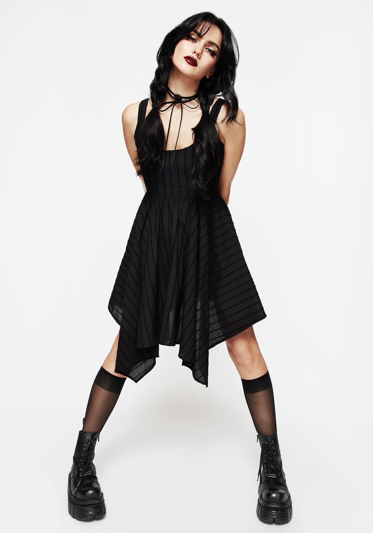 Black Striped Handkerchief Hem Mini Dress | Fit & Flare with Pockets