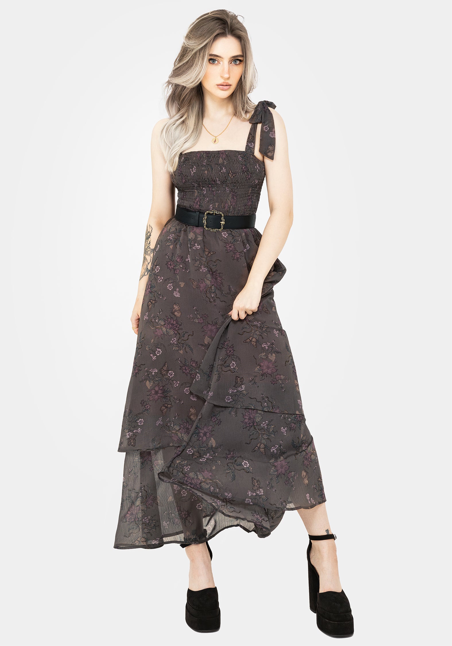Floral Tiered Maxi Dress with Shirred Bodice & Adjustable Straps | Arnora
