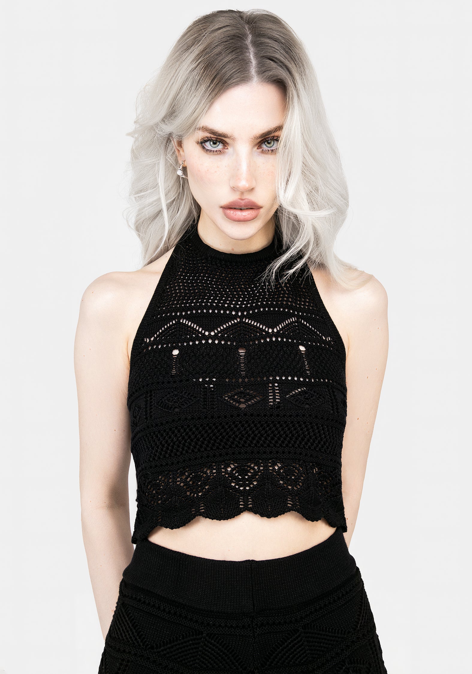 Black Pointelle Halter Crop Top for Summer | Hooked Style