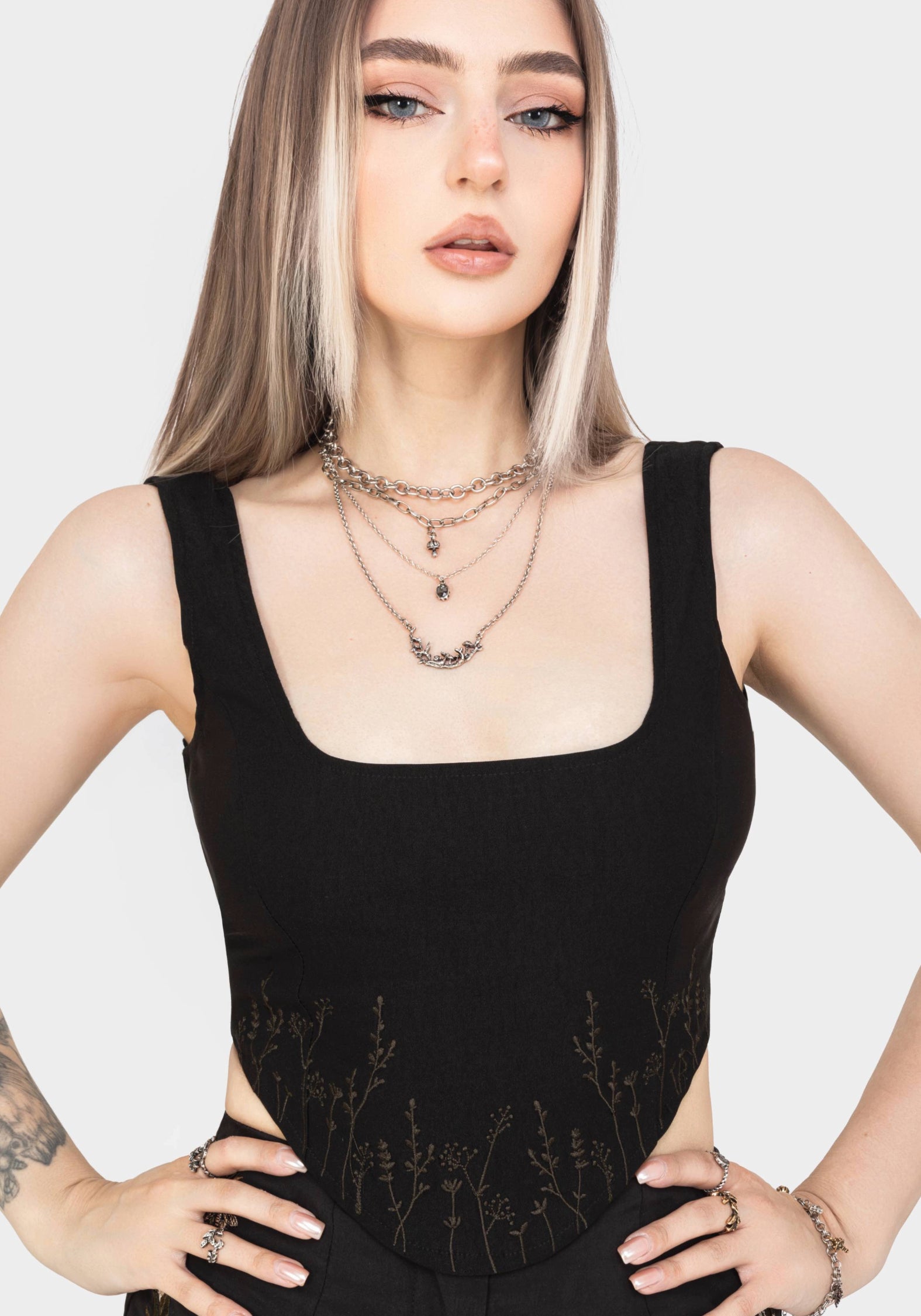 Black Embroidered Corset Top with Floral Design | Helena