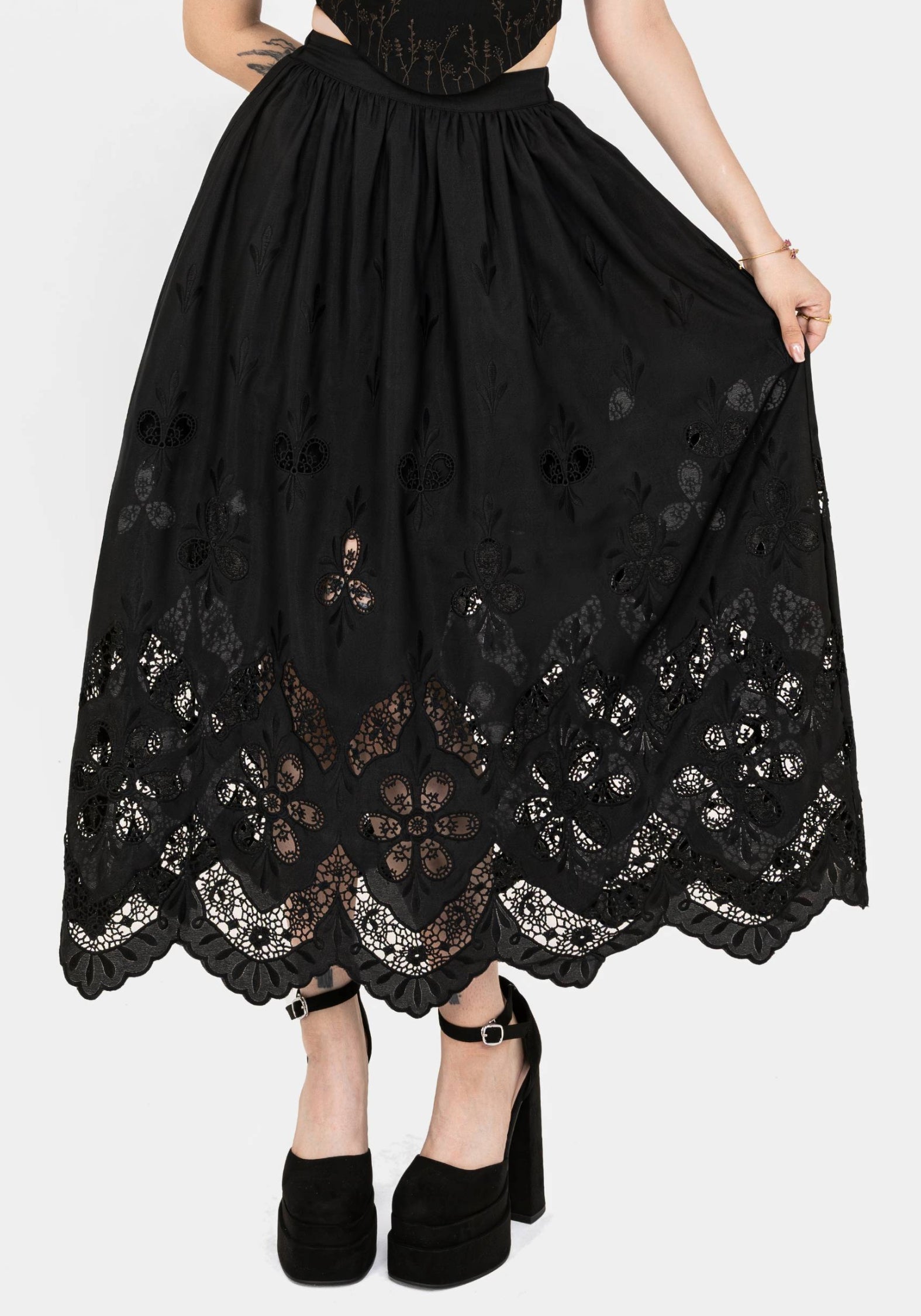 Black Broderie Hem Maxi Skirt with Side Pockets | Maple