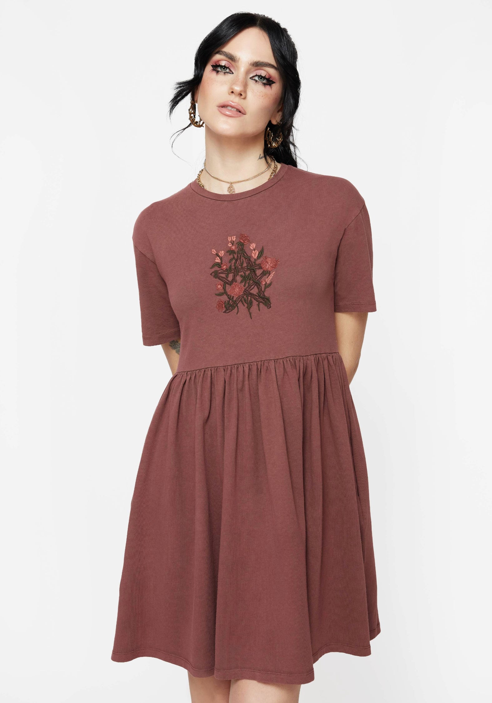 Pentagram Embroidered Mini Skater Dress with Pockets | Aster Cotton